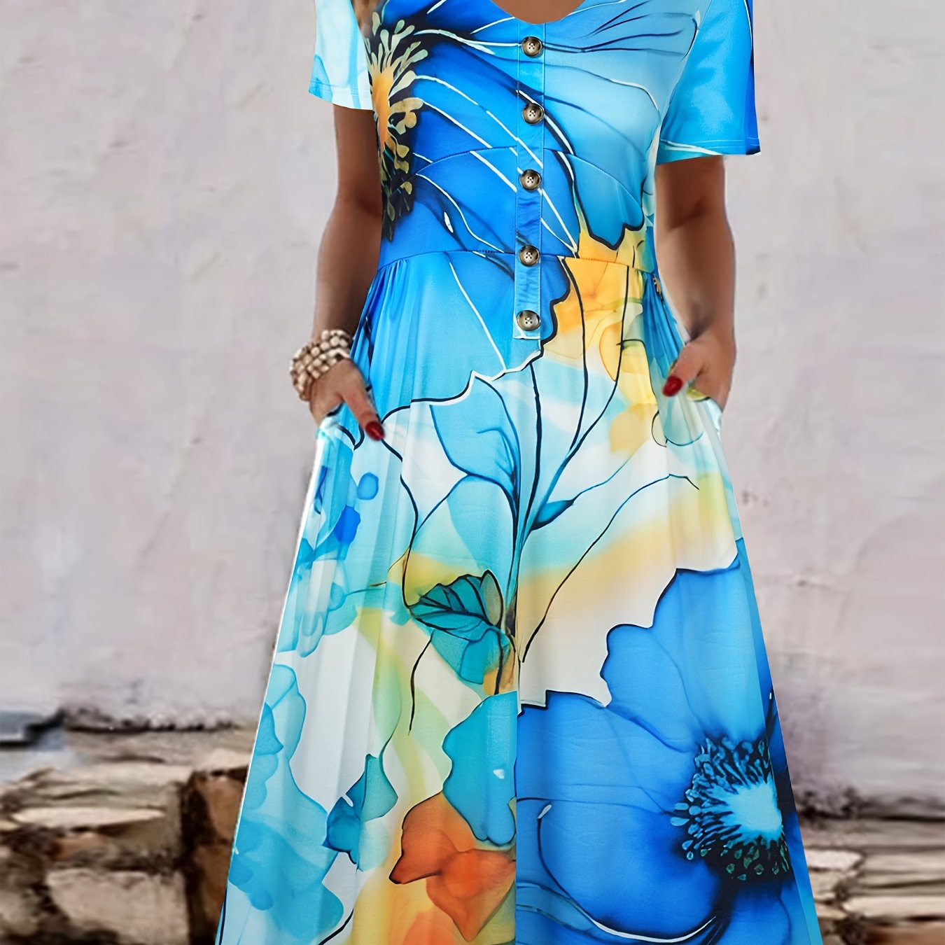 Plus Size - Plus Size - Plus Size Women's V-neck Floral Print Button-decorated Short Sleeve Dress