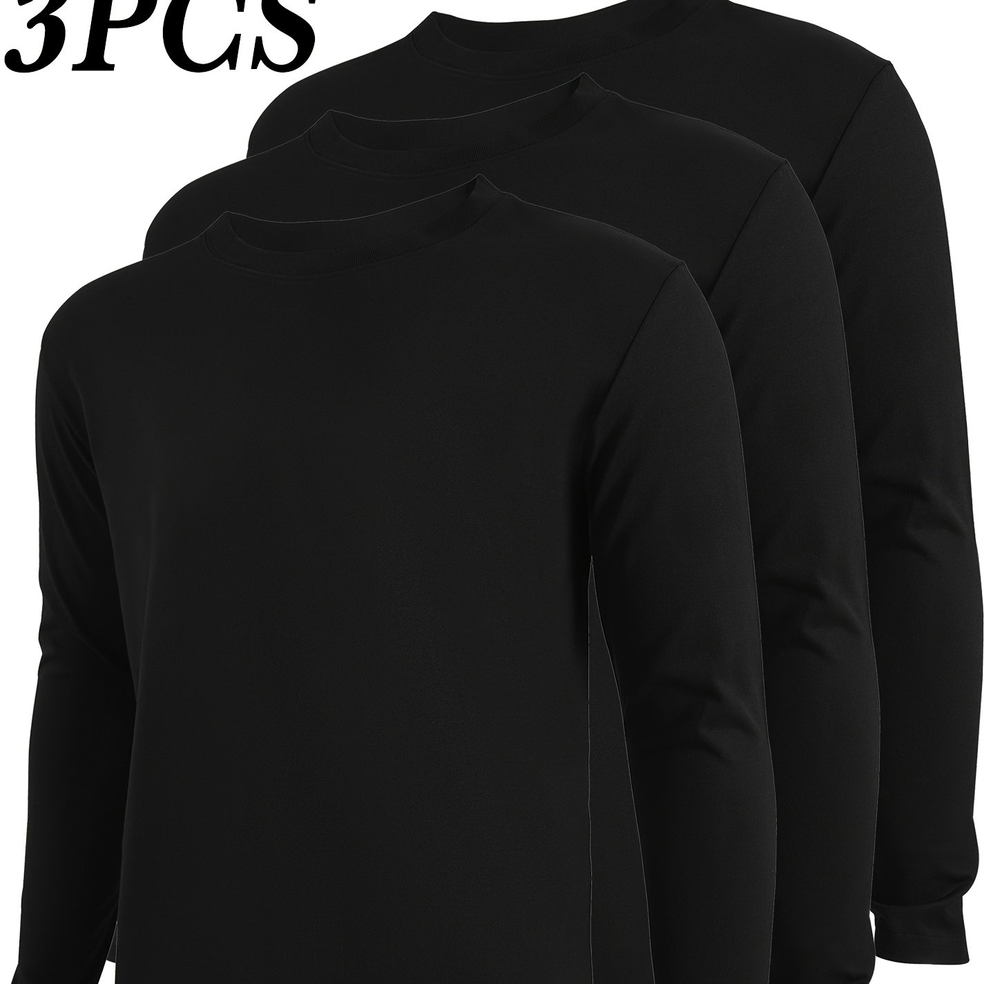 TEMU 3pcs Men's 100% Cotton Long Sleeve T-shirts - Solid Color Casual Round Neck Loose Fit Soft Breathable Plain Tees For Daily Wear, Cycling,