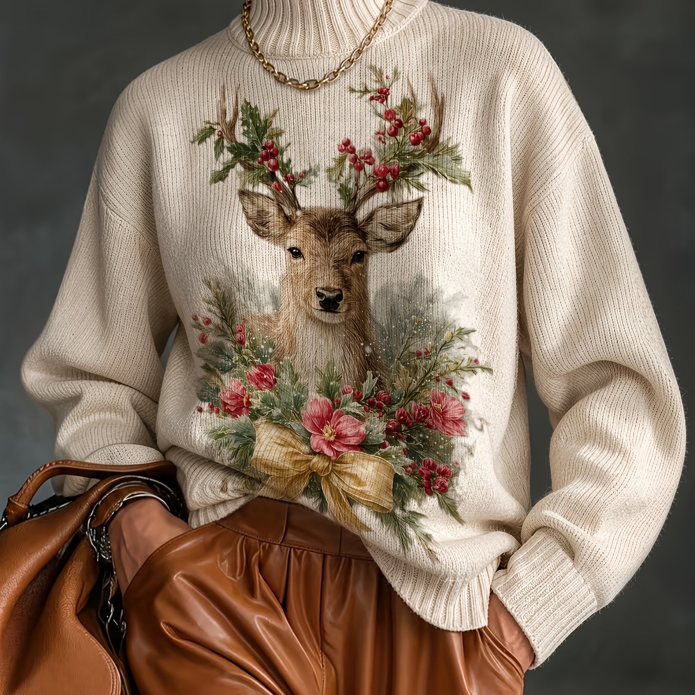 TEMU [2d Digital Printing] Women's Printed Sweater, Thick Long-sleeve High-neck Sweater, Soft Material, Warm And Comfortable, Suitable For Autumn And
