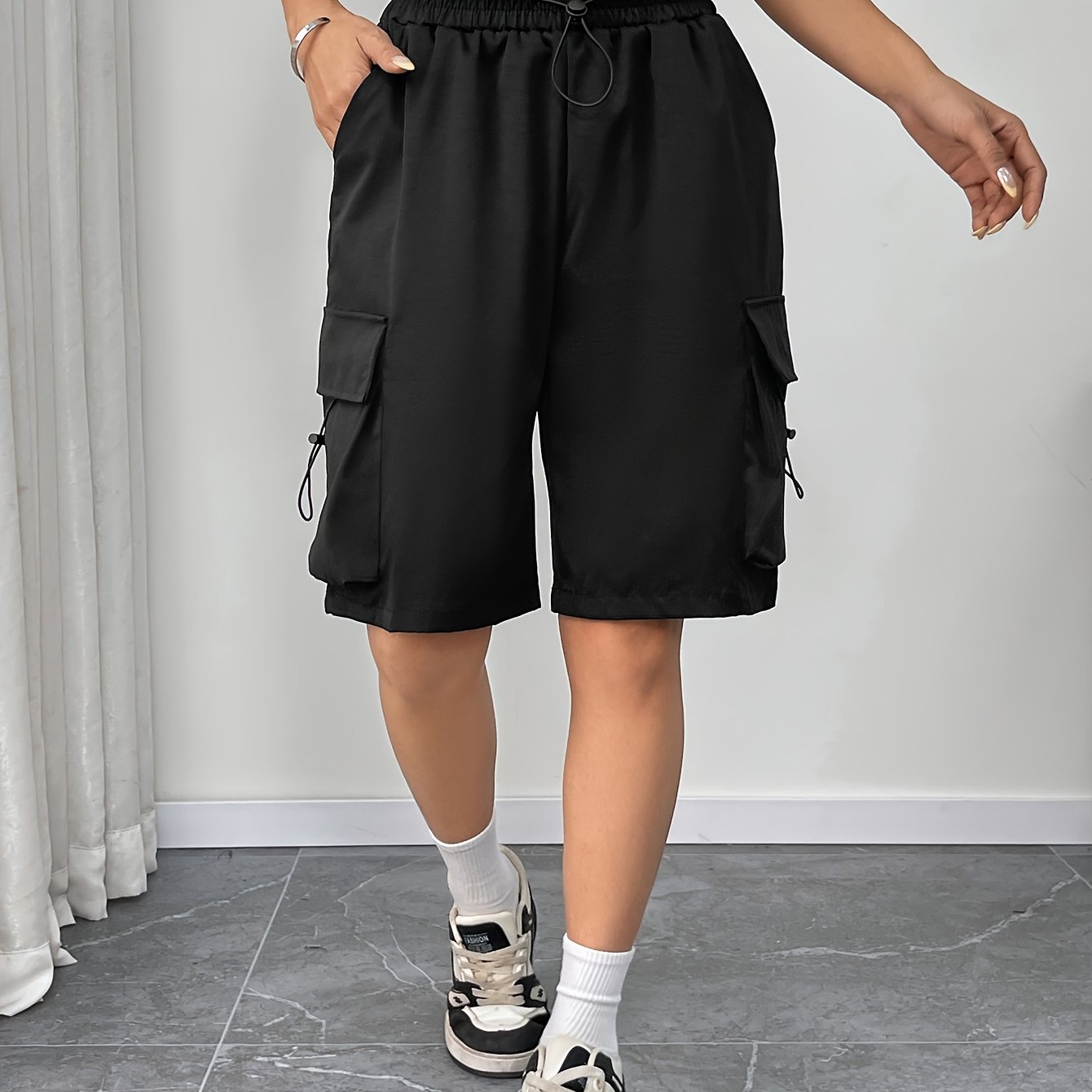 E-shop Neue Sommer-Cargo-Shorts für Damen, Lässige Weite Hose mit Weitem Bein, Vielseitige Cargo-Sport-Shorts mit hohem Bund Kordelzug in