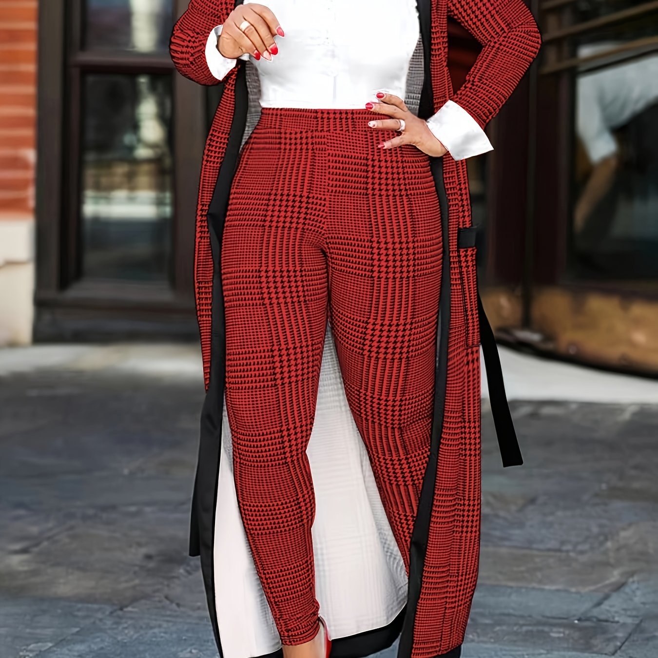 Houndstooth Print Elegant Two-piece Set, Open Front Long Length Cardigan &  High Waist Pants Outfits, Women's Clothing