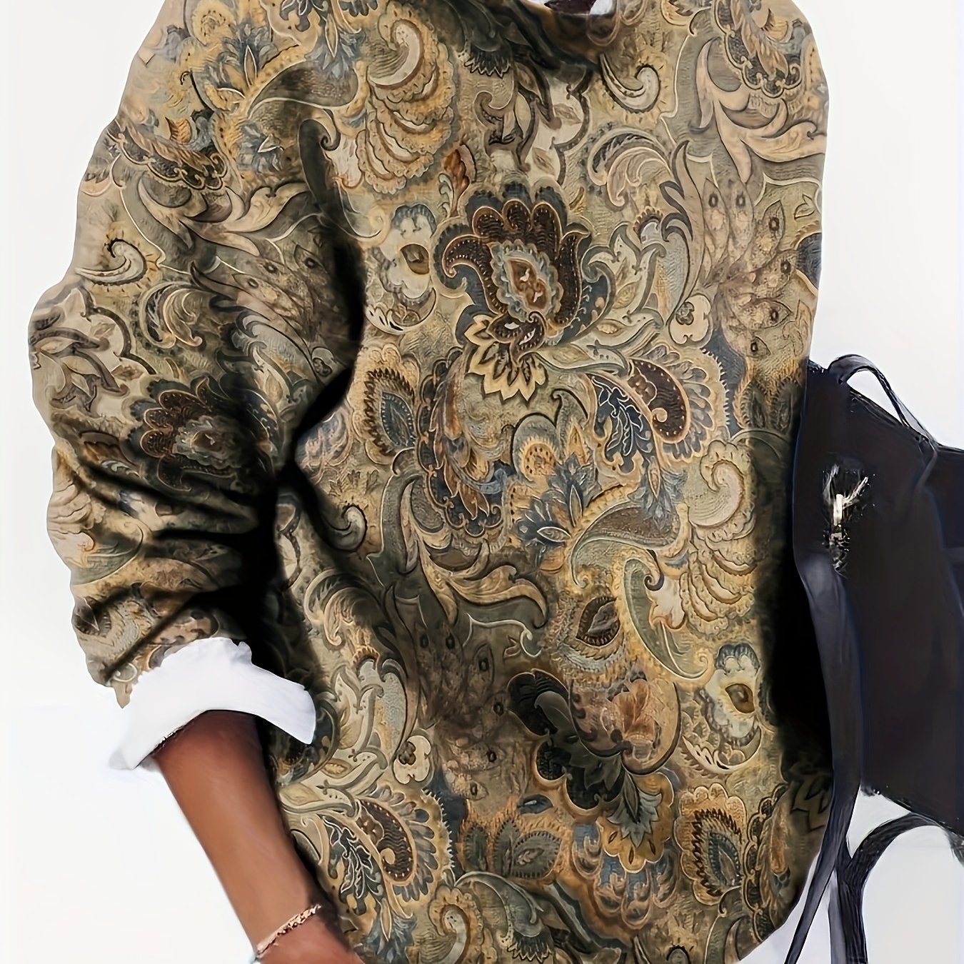 Vintage Casual Paisley Print Pullover Sweatshirt - Relaxed Fit Long Sleeve Round Neck Versatile Top For , Cute Sweatshirts, Everyday , Retro Style, Detailed Pattern