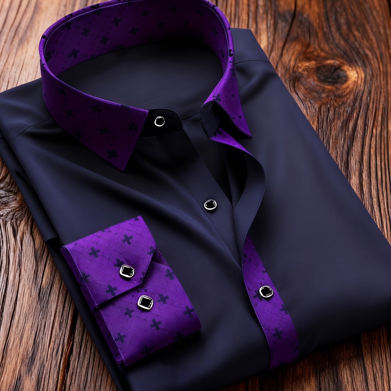 Image of 1pc Vacation Home Light Luxury Casual Tones, Non-iron Wrinkle-resistant Fabric Contrast Color Long Sleeve Shirt Cross-textured Metal Square Fit Business Banquet Spring Autumn