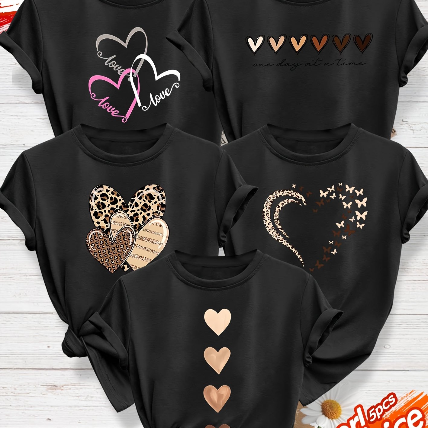 TEMU 5pcs Pack Women's Vintage Short-sleeve Blouse Set - Casual Round Neck T-shirts With Heart & Patterns, (s-xxl) | Spring Summer Fall Layering Tops