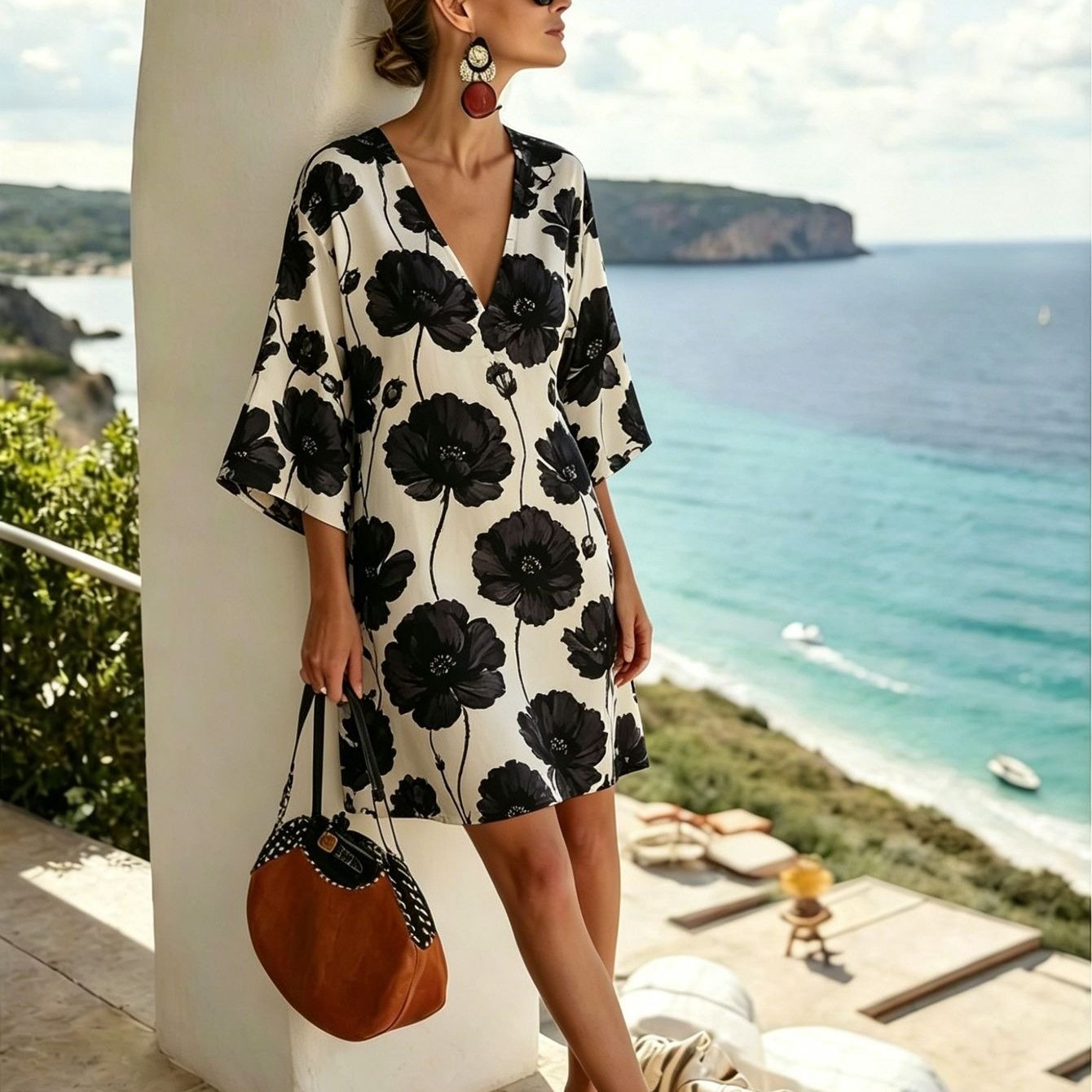 Women's Elegant Retro Loose Short Floral V-neck Dress For Seaside Vacation