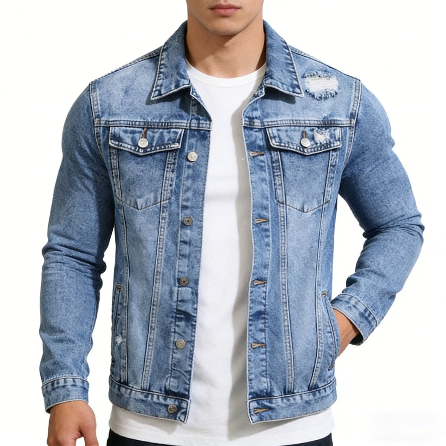 Hme-103 Men' Blue Distressed Small Ripped Denim Jacket High-street Slim-fit Cargo Coat Retro Versatile Denim Top
