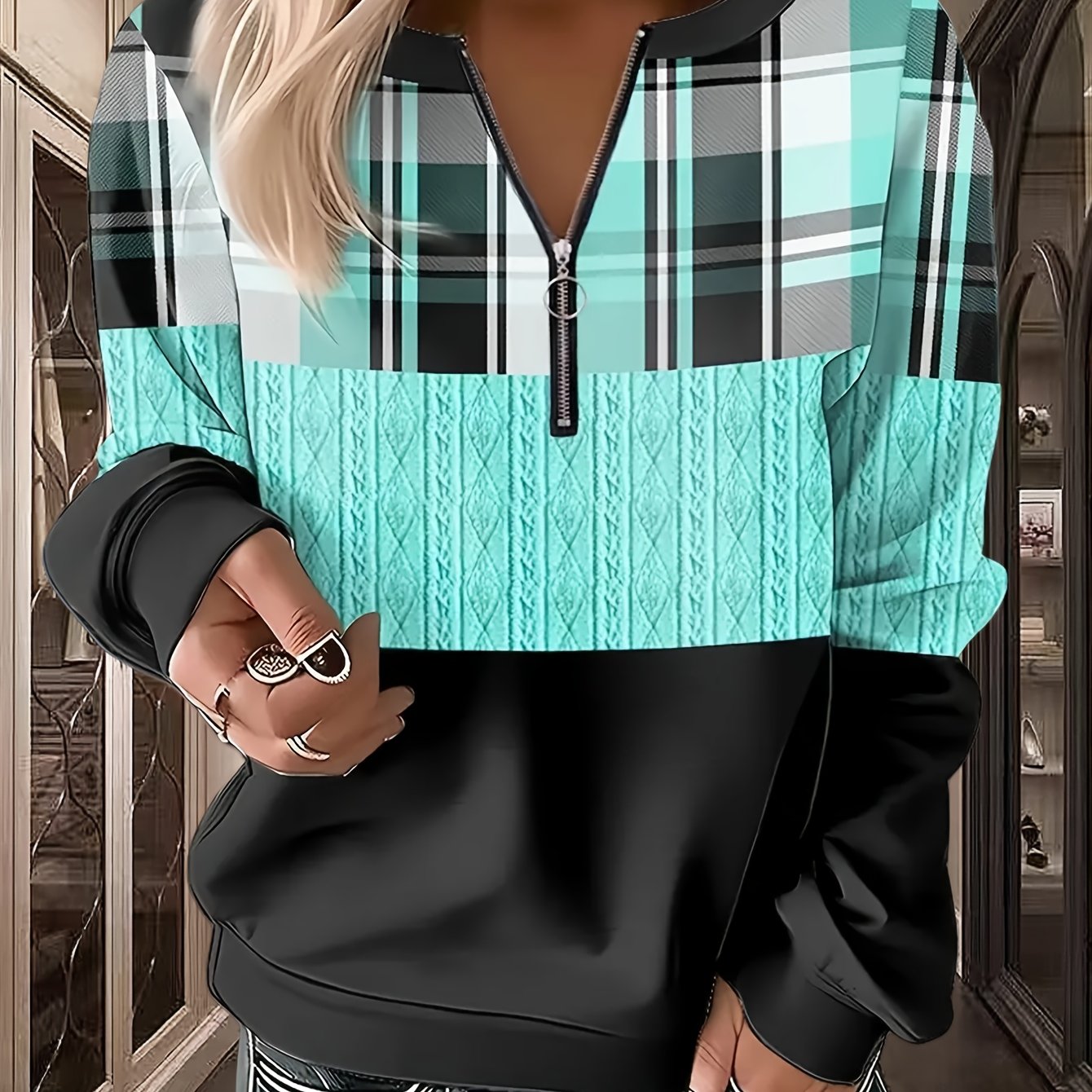 TEMU Plus Size - Plus Size - Casual Print Sweatshirts For Women In Sizes L-5xl, Featuring A Quarter Zip Design And Textured Fabric. This Long Sleeve