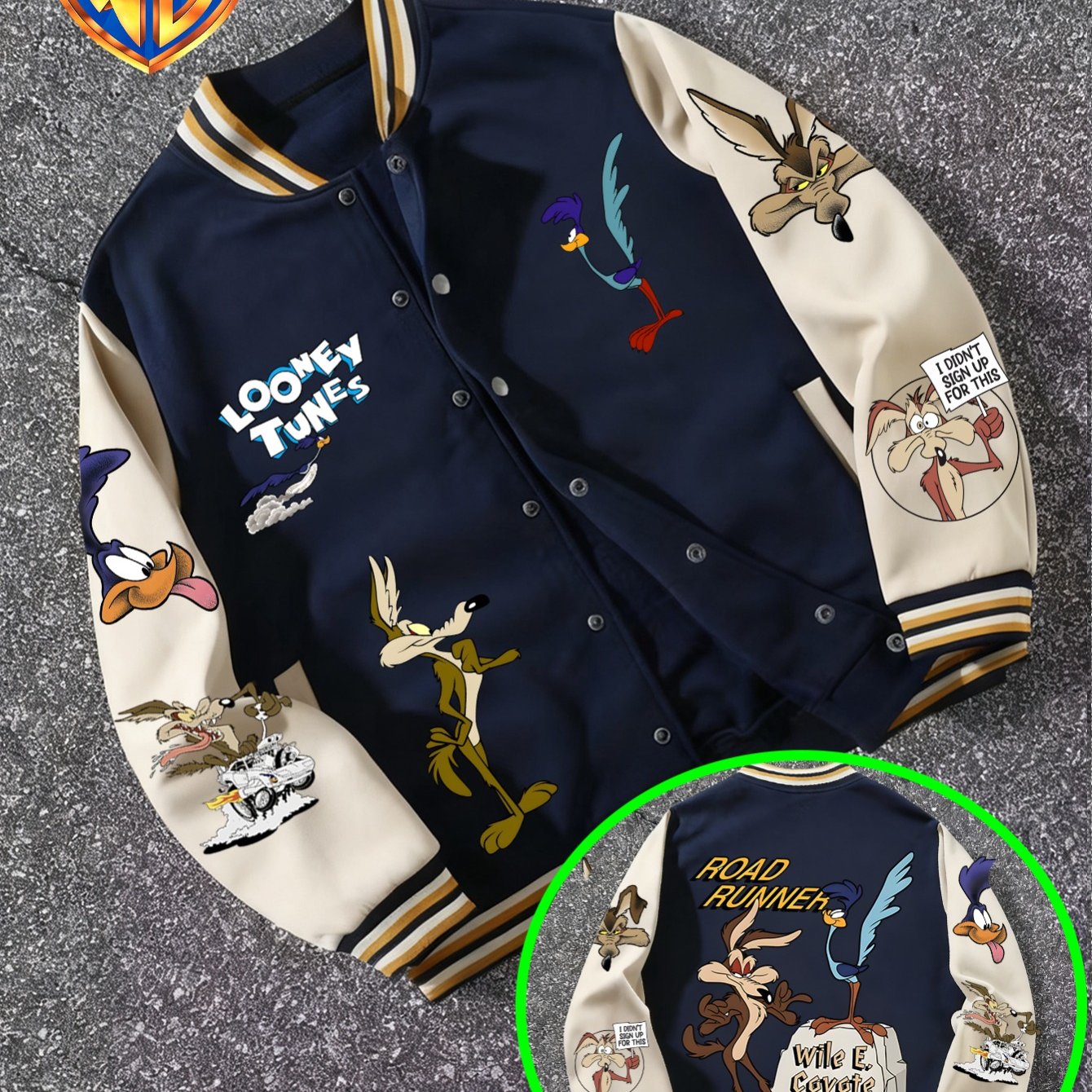 TEMU 【ワーナー独占許諾】レトロアニメ要素 ワイキッドウルフ コラボテーマデザイン アメリカン野球ユニフォーム メンズ 軽量ベースボールスタイル カジュアルジャケット 秋/冬ウェアに最適 -- ブロック 長袖ジャケット