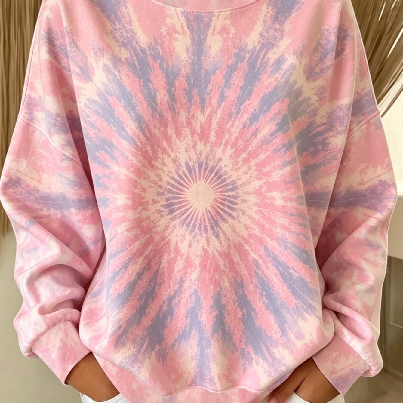 Image of Plus Size Women Long Sleeve Pink Purple Tie Dye Crew Neck Sweatshirt, Pink Purple Gradient Swirl Tie Dye All Loose Drop Shoulder Crew Neck Sweatshirt