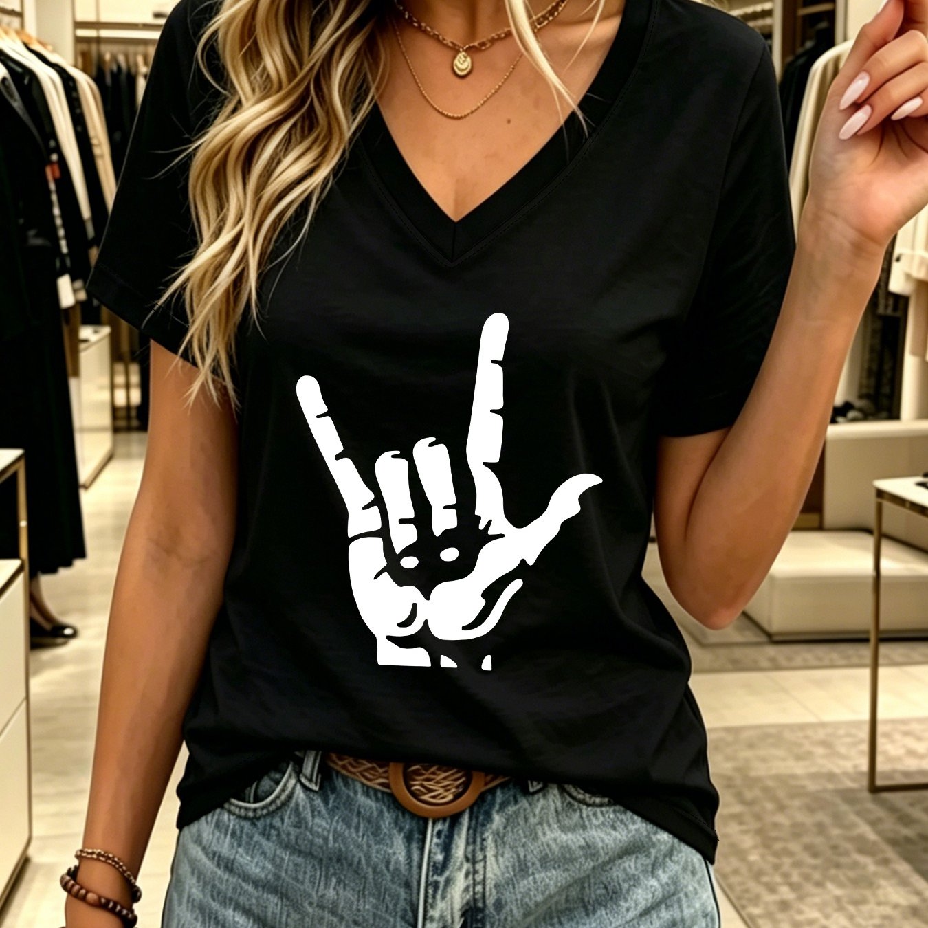 TEMU Women's V-neck Short Sleeve T-shirt Gesture Pattern Casual Trendy Fashion Top