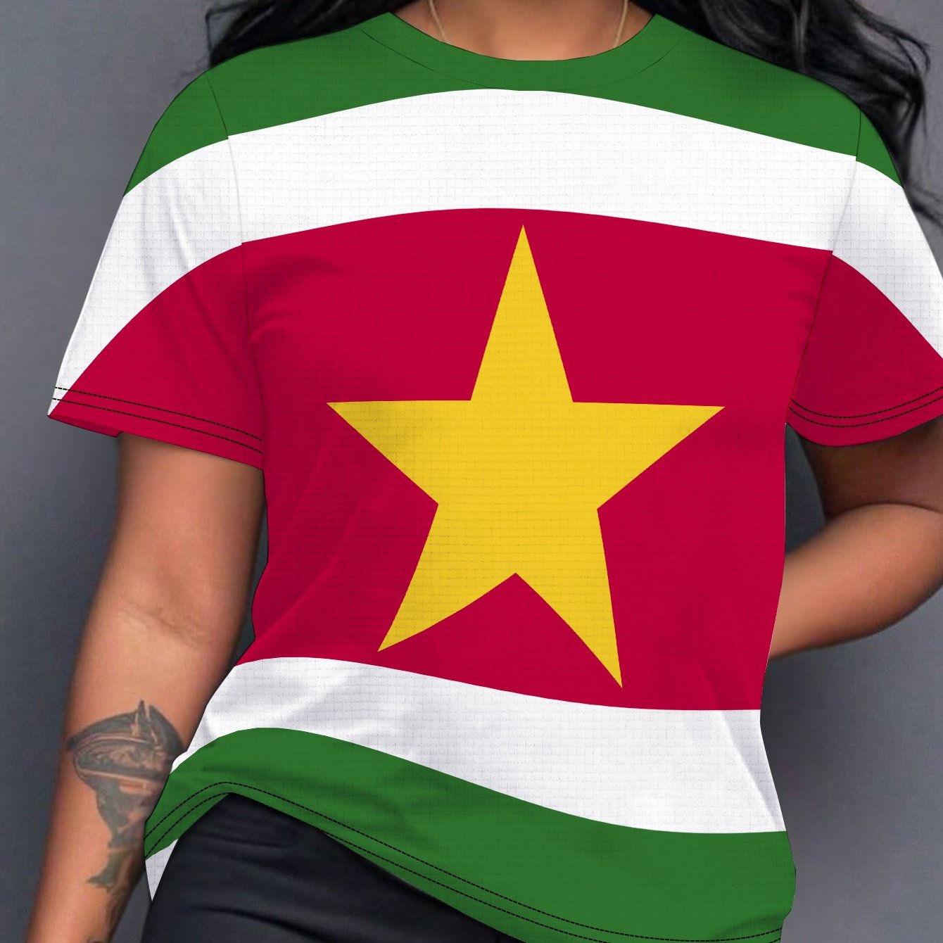 TEMU Dames T-shirt met digitale grafische print van de vlag van Suriname, comfortabele pasvorm