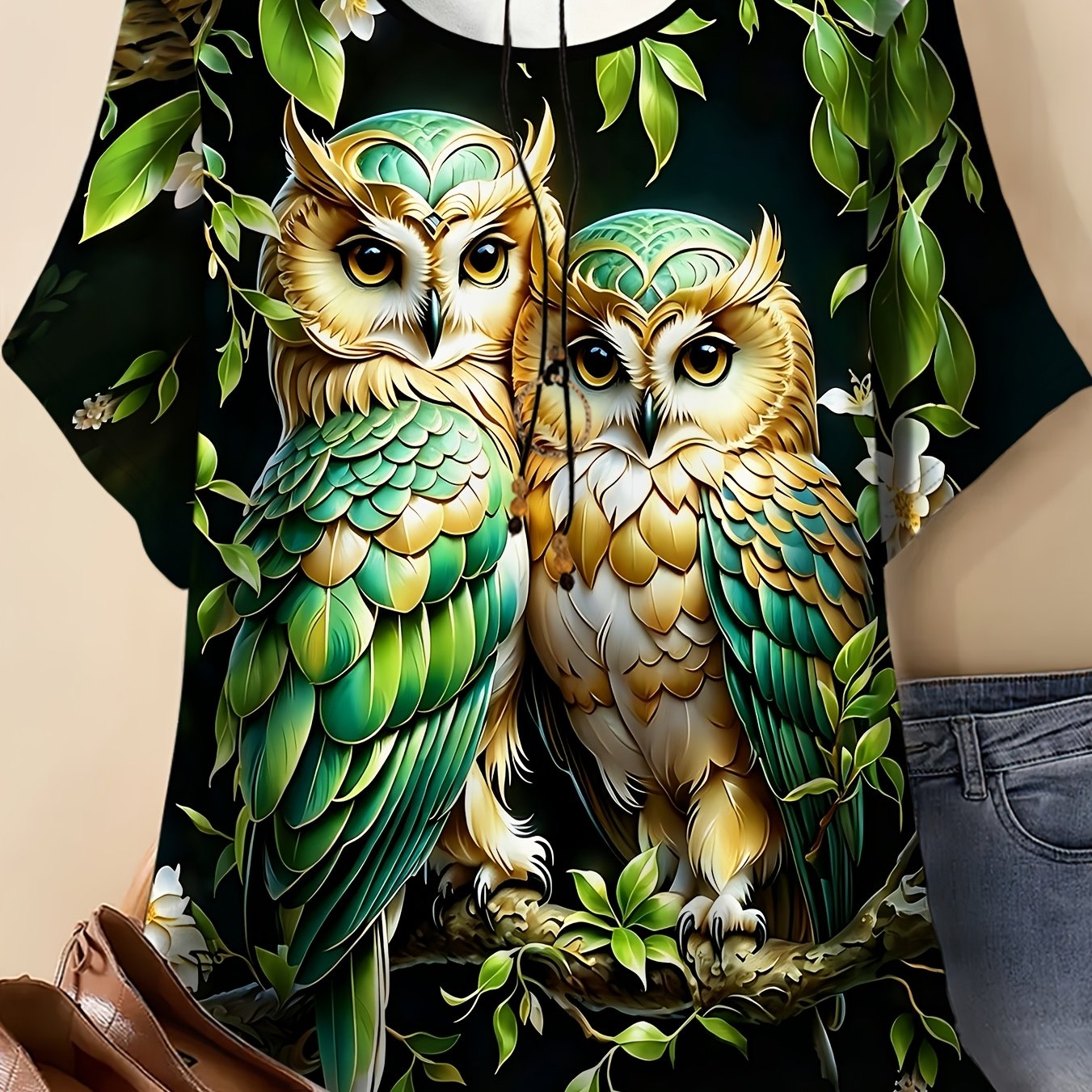 TEMU Women's Plus Size Round Neck Short Sleeve T-shirt, Double Owl Green Plant Art Print, Lightweight Breathable Casual Wear