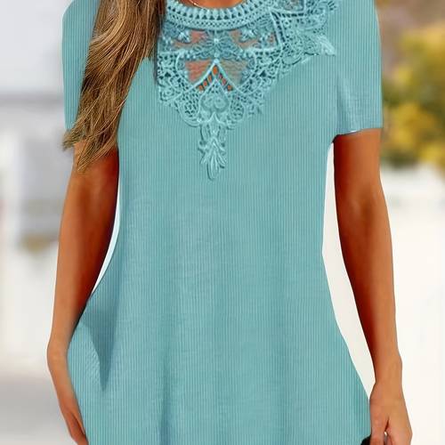 Women s Elegant Summer Lace Trim Pullover Top - Light Gray Short Sleeve Shirt with Intricate Lace Detail, Medium Stretch Fabric, Machine Washable Casual Blouse for Casual Attire, Lace Blouse, Warm Weather Outfit, Feminine Style, Quality Stitching, Stylish Women, Breathable Material, Fashion Women