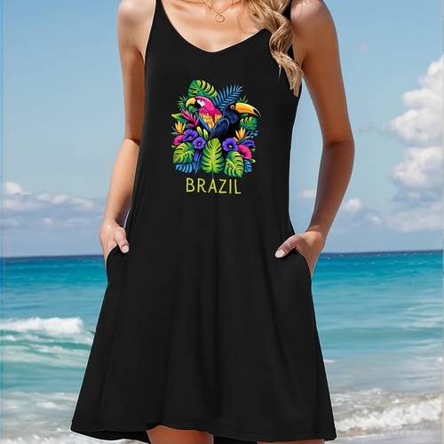 womens tropical brazilian parrot floral print sleeveless dress lightweight stretchy casual elegant black dress with round neck machine washable spring summer beach vacation outfit tropical dress summer outfit vibrant design comfortable wear