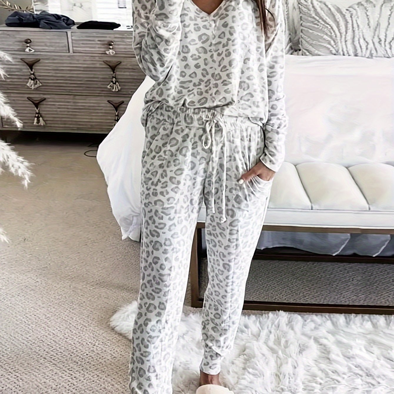 Leopard Print V-neck Long Sleeve And Long Pants 2pcs Set