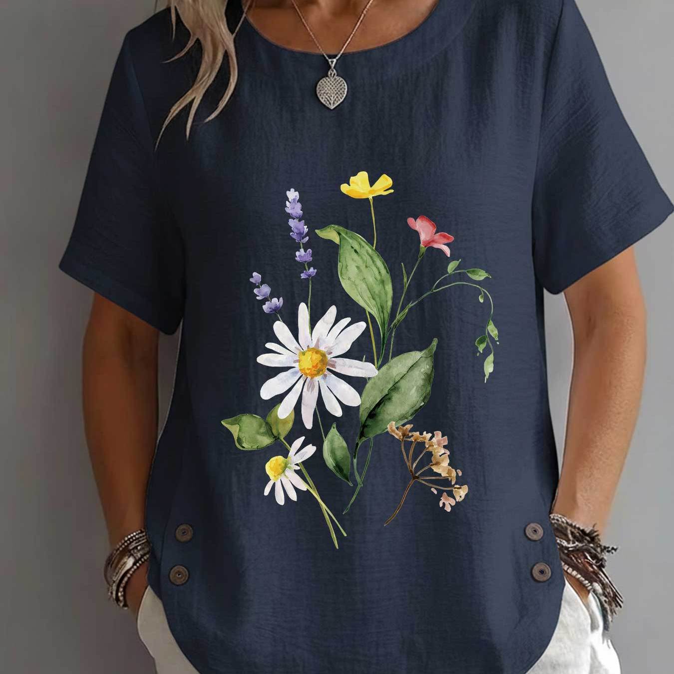 TEMU Spring Summer Women's , Daisy Lavender Print Mature Casual Round Neck Short Sleeve Elegant Clothing