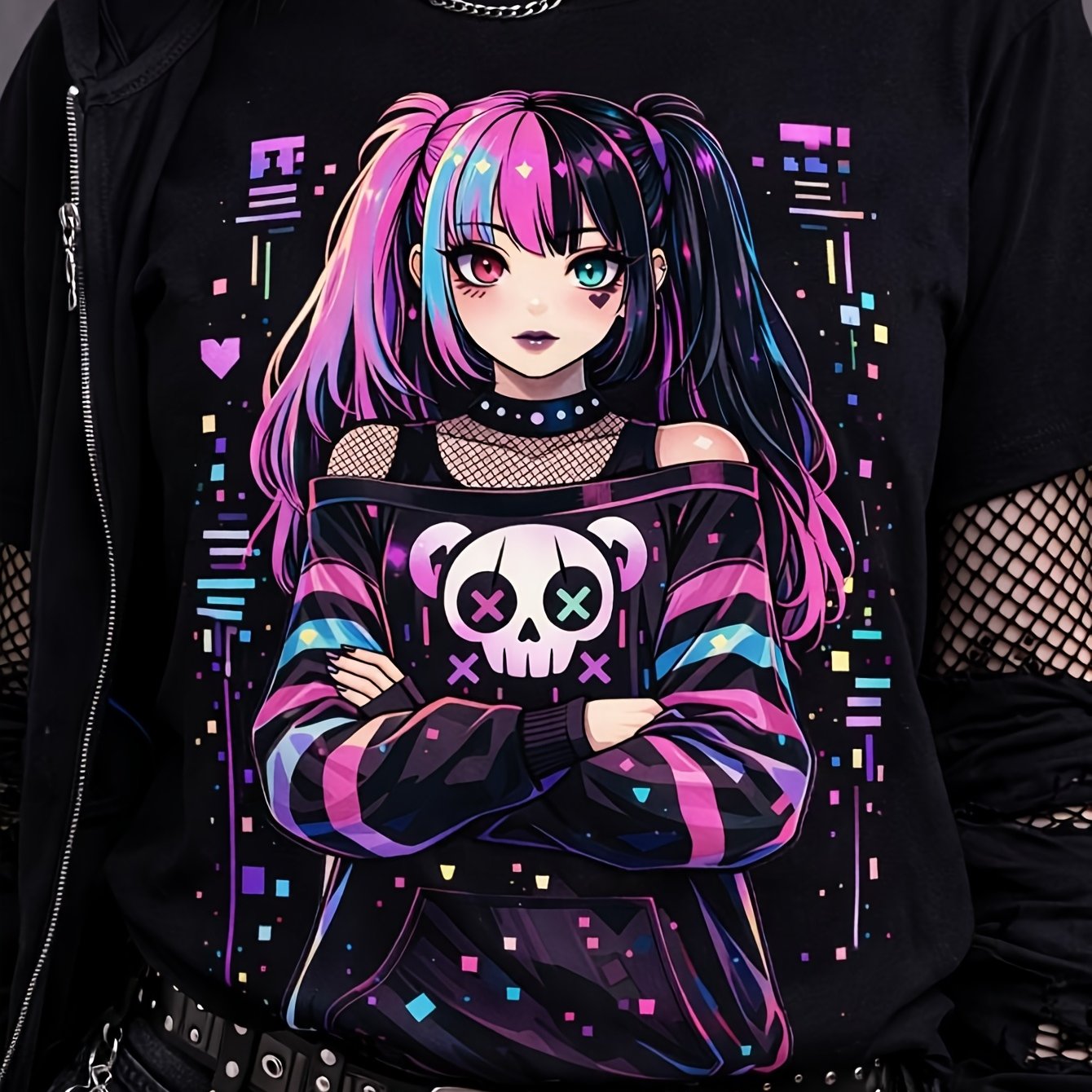 TEMU Pastel Goth Anime Cyberpunk Girl T-shirt - Neon Aesthetic Harajuku Streetwear Digital Grunge Graphic Tee Men's And Women's Summer Breathable