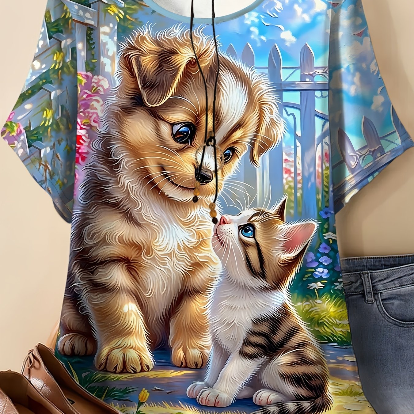 TEMU Women's Plus Size Round Neck Short Sleeve T-shirt, Pastoral Cat And Dog Print Style, Soft And Comfortable, Outdoor Hiking Casual Wear