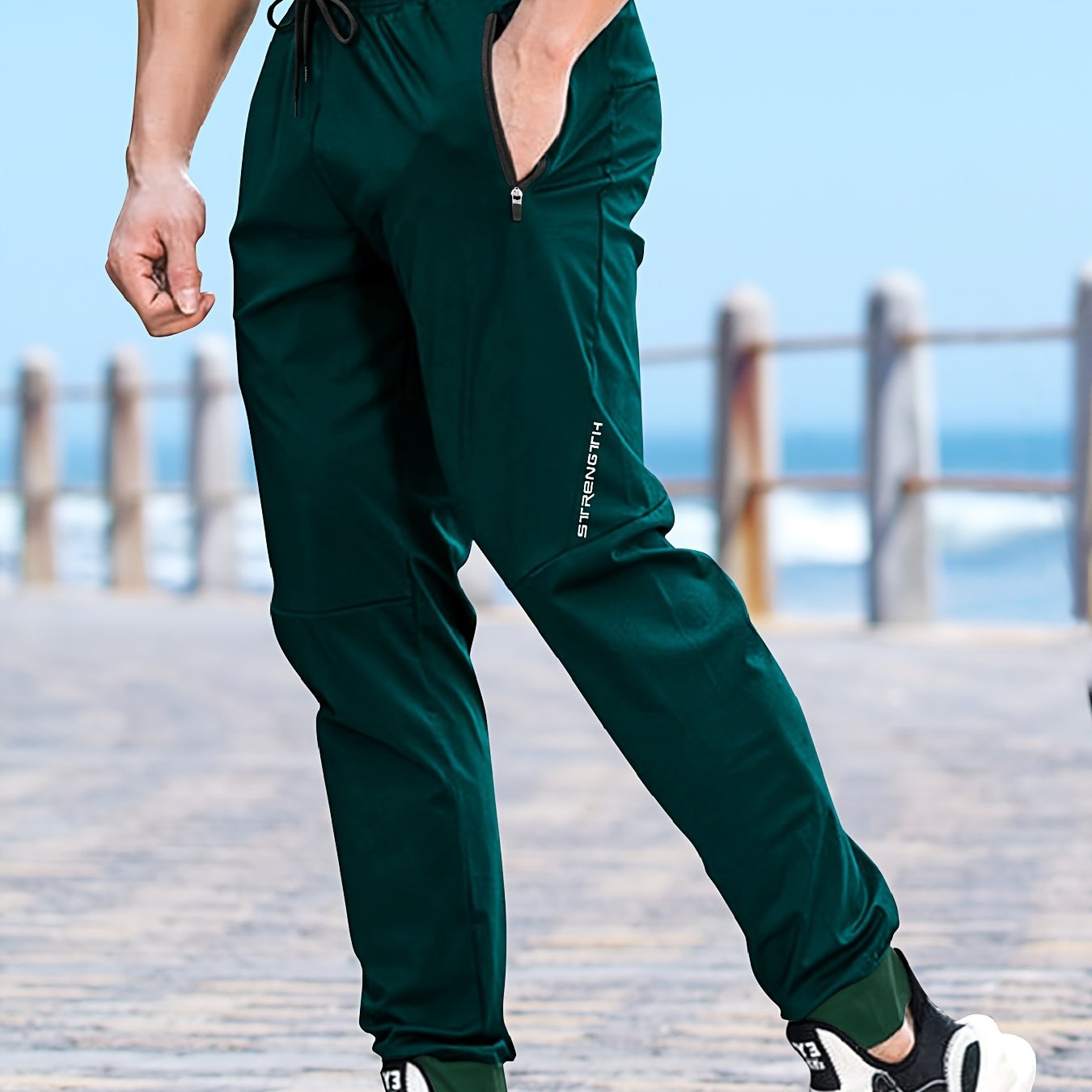 TEMU Men's Casual Athletic Pants - Stretch Polyester, Side Zipper Detail, Drawstring Waist, Green Joggers With Pockets For Sports &