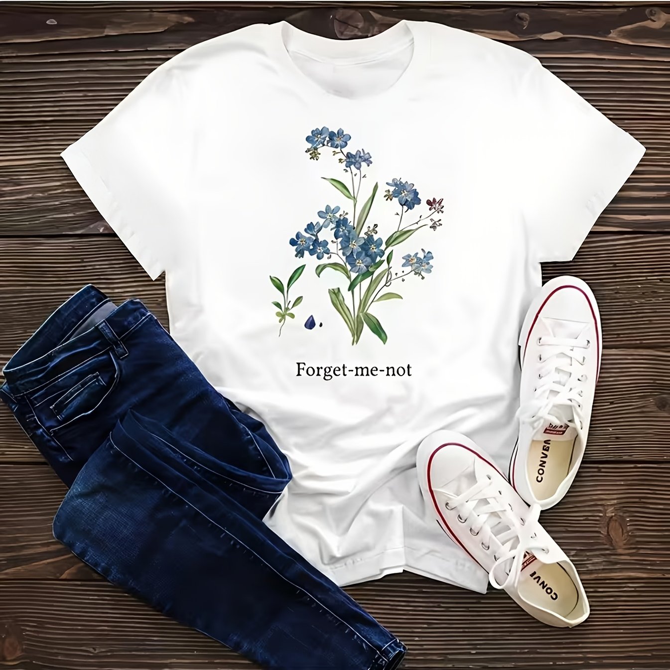 TEMU -me-not Floral Print Women's T-shirt, Casual Round Neck, High-stretch Fabric, Short Sleeves, Suitable For Spring And Summer, Comfortable And