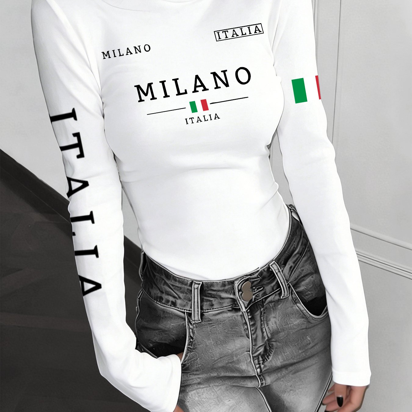 TEMU European And Italia Flag Print Long-sleeved T-shirt Solid Color Elastic Slim Fit Half-high Collar Versatile Base Shirt Women