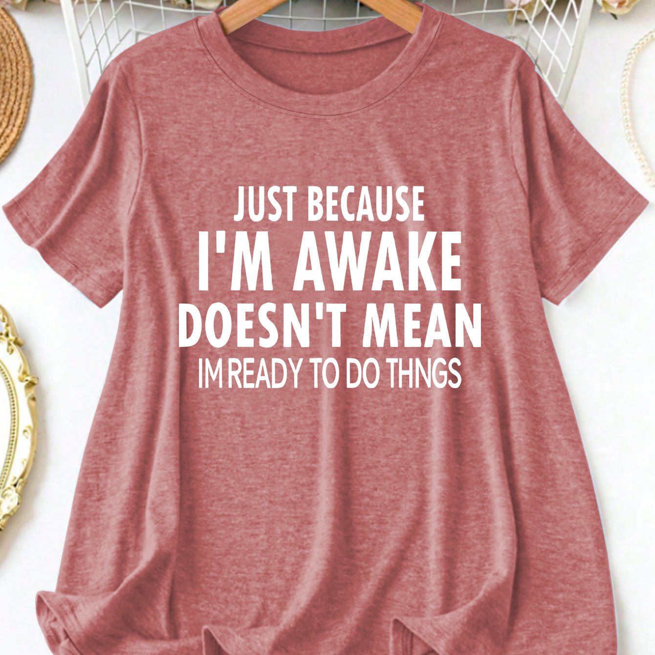 TEMU Women's Plus-size Oversized T-shirt With "awake But Don't Want To Work" Slogan Print - Round Neck Short-sleeve -compatible Top Suitable For