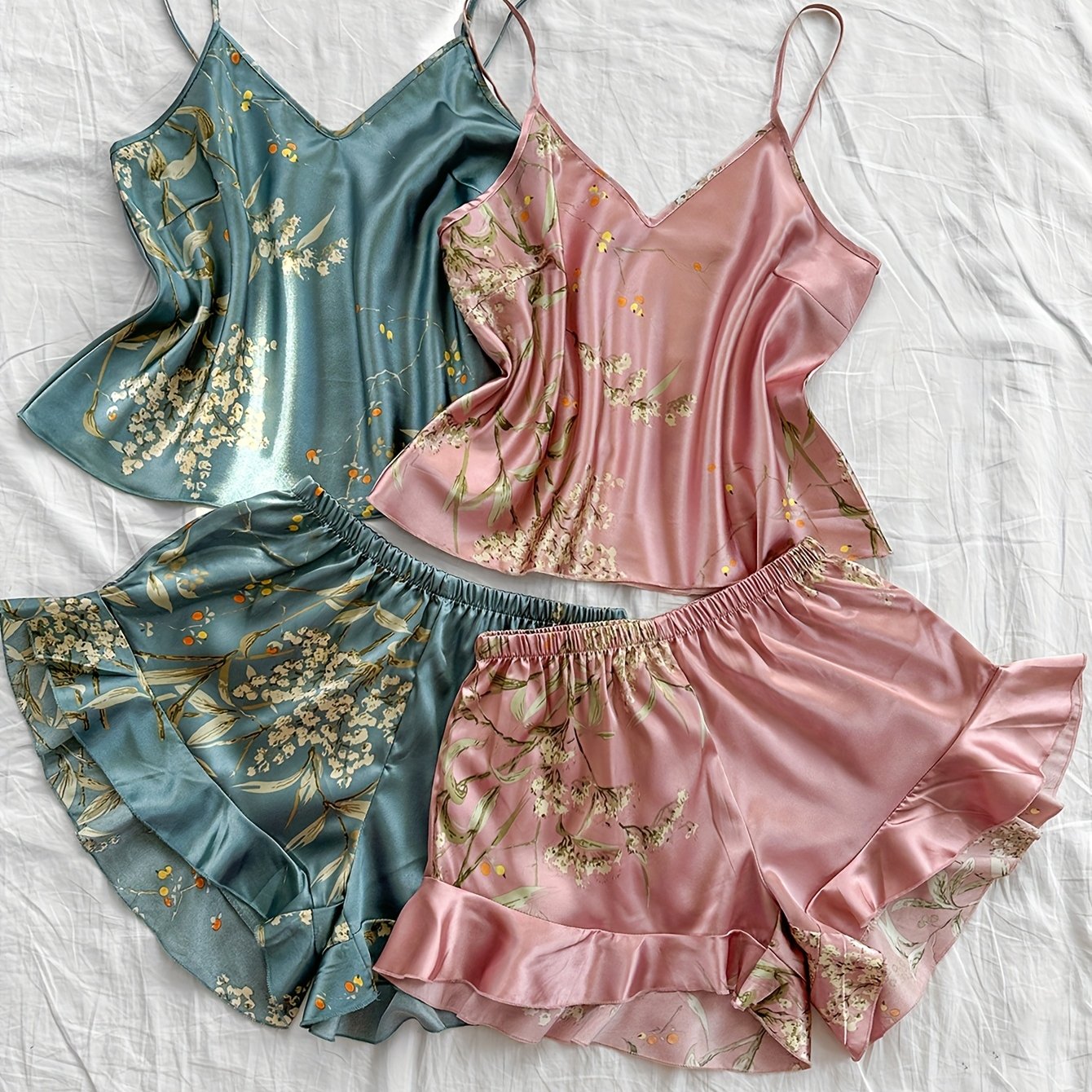 TEMU 4pcs Plus Size Sexy V-neck Cherry Print Pajama Sets For Women - Fashionable & Comfy Sleepwear With Ruffle Detail, Wear, Plus Size Pajama, Pajamas|cherry |stretchy Fabric, Plus Size Pajamas