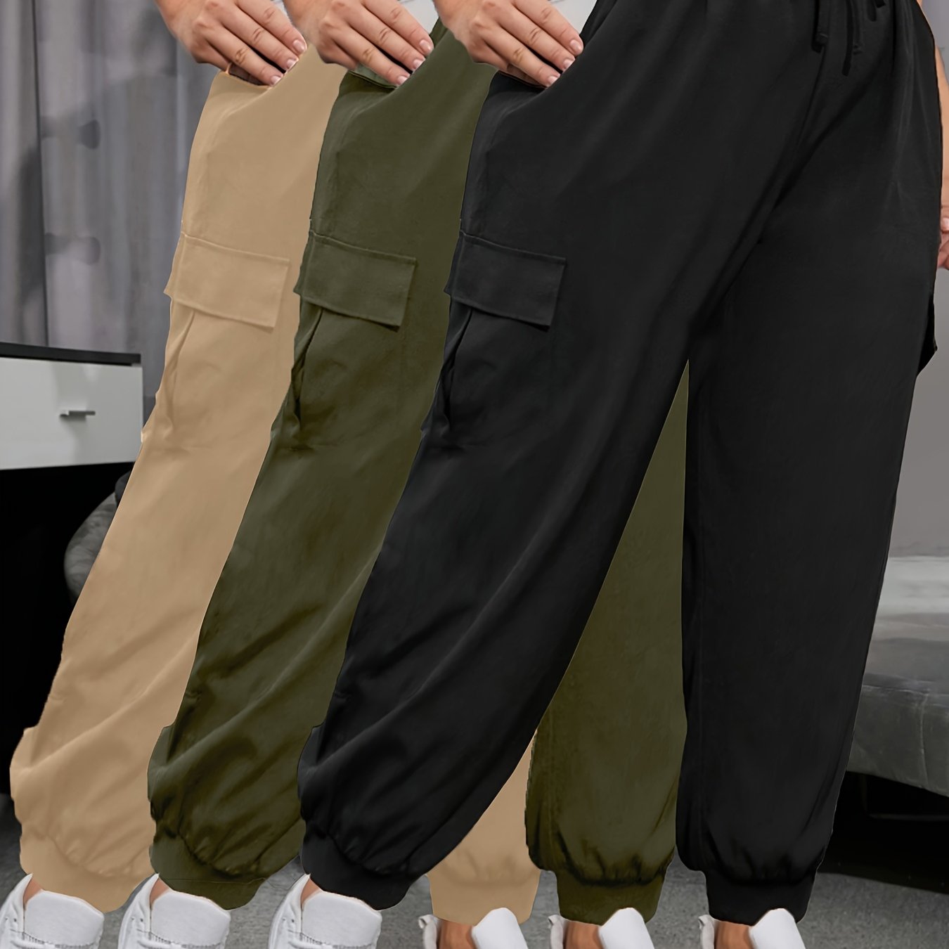 Image of Plus Size - 3pcs Set New Plus Size Pants Side Flap Pocket Drawstring Waist Tie Long Trousers Casual Women's Long Pants Lightweight Breathable Cool Loose Cargo Pants
