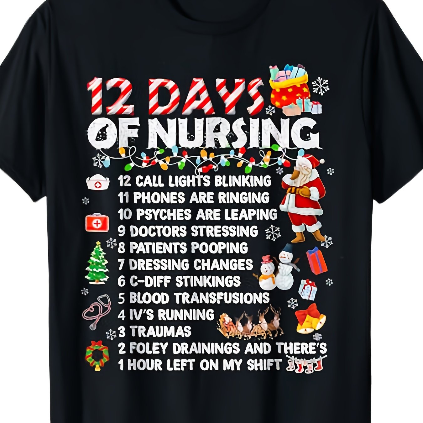 TEMU Funny Nurse-themed Of Nursing T-shirt For Men - 100% Cotton Black Humor Tee With 12 Funny Nursing Phrases, S-3xl Sizes, Vintage Style , Durable
