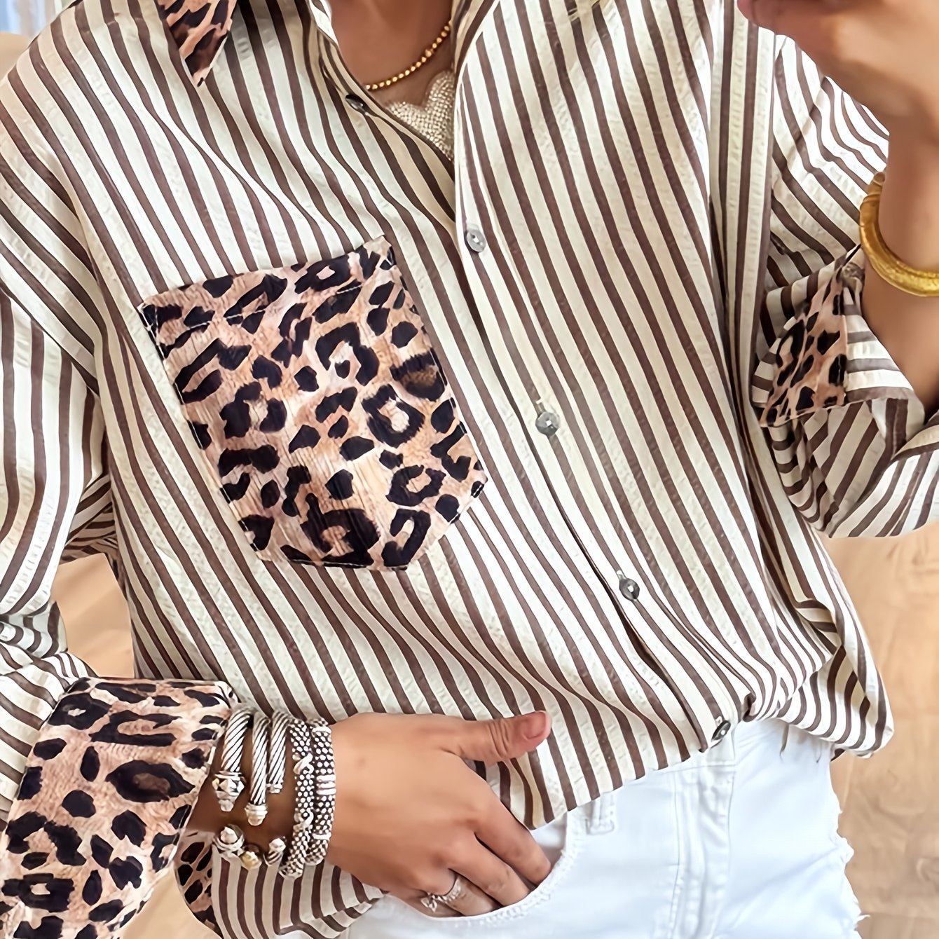 E-shop Damen-Top-Shirt, braunes Leopardenmuster-Patchwork-Design, gestreiftes Mode-Top LL118