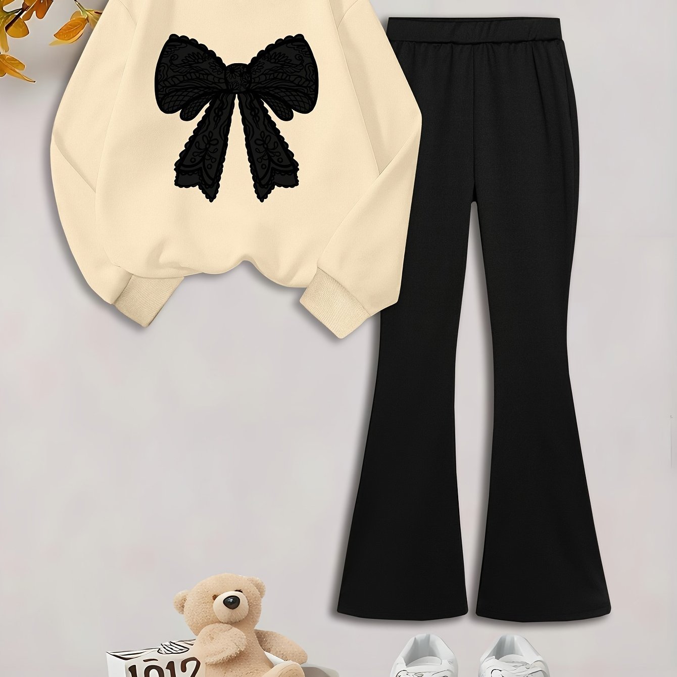 Girls' Autumn/ Printed Casual Long-sleeve Crewneck Sweatshirt With Knit Flared Pants 2pcs Set, Autumn/winter Outfit, Perfect For Outdoor
