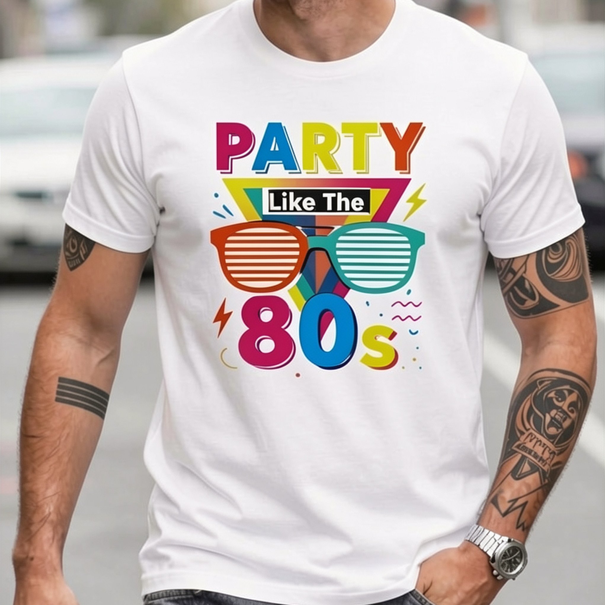 Image of Men's Vintage Style Party Graphic Tee - Featuring Colorful 80's Inspired Glasses, Casual Round Neck Short Sleeve Shirt Perfect For Summer, Camping, And Vacation Outfits
