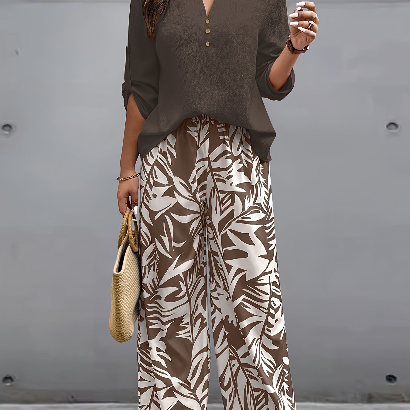 E-shop Elegantes Damen Freizeit Set 2-teilig, Oberteil und Hosen Set, Lässiges V-Ausschnitt Oberteil und Blumenmuster Lockere Hose 2-teiliges Set,