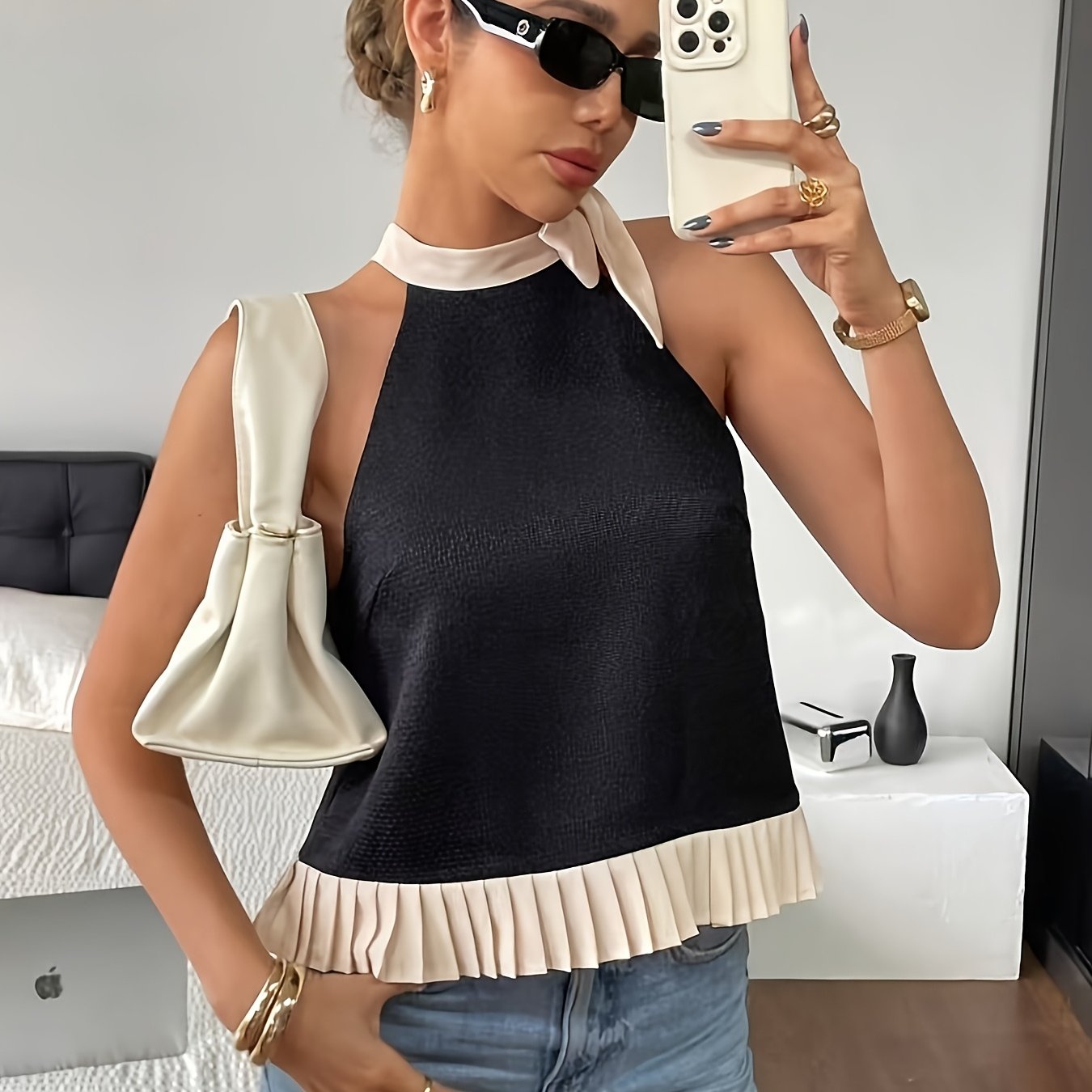 E-shop Damen Spicy Outfit, Sommer Strandurlaub Neckholder Top, Neckholder Top, Rüschen Falten Rückenfreies Damen Schwarzes Freizeitshirt, Geeignet für