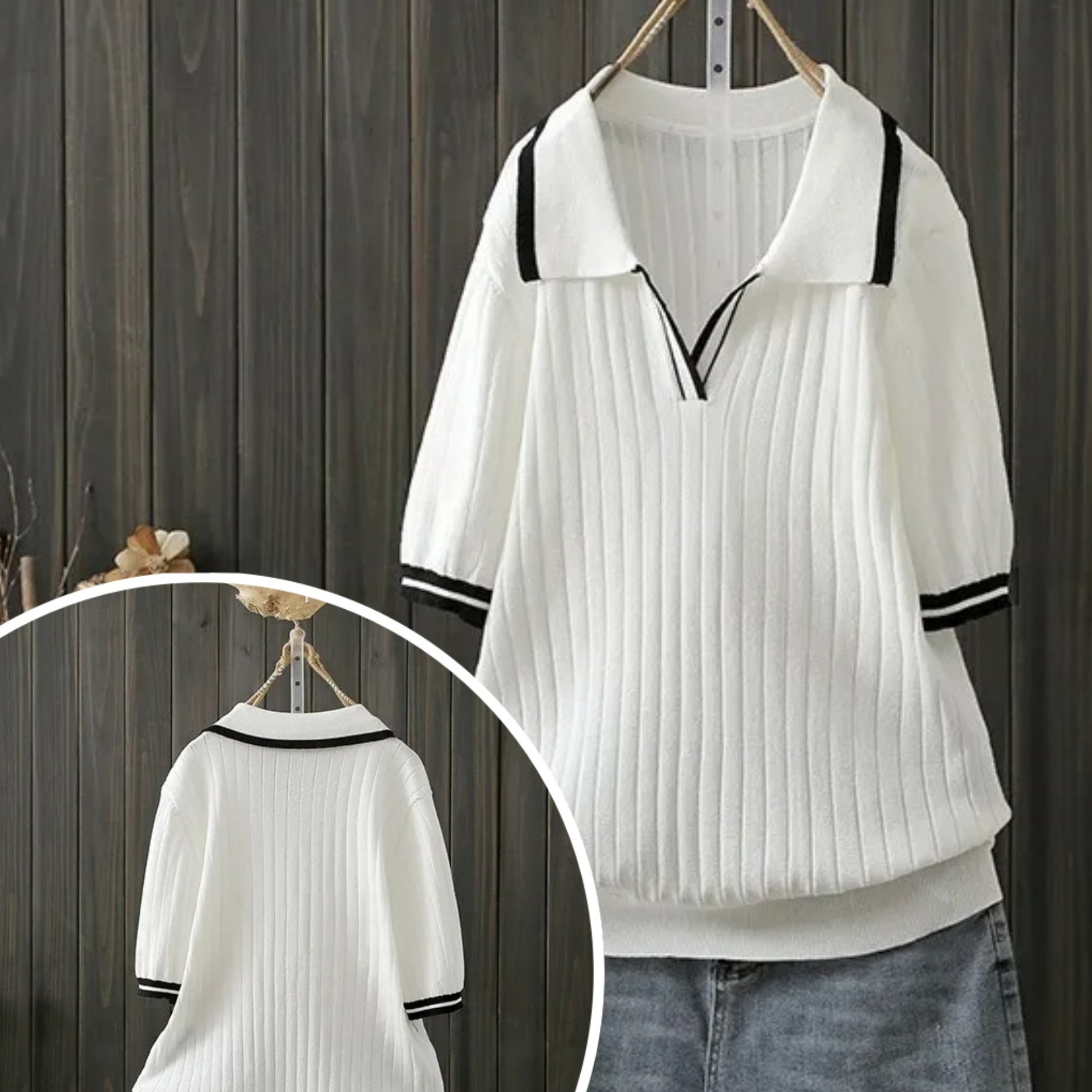 E-shop Plus Size - Plus Size - Plus Size Lässiges Color Block POLO-Kragen Rippstrickoberteil Koreanisch Gentle Slim Fit Vielseitig für Frühling und