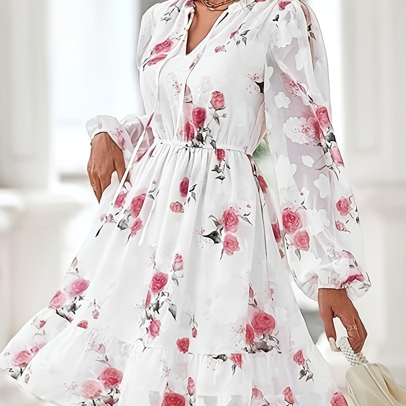 E-shop Damen-Elegantes-Kleid in Übergröße, Chiffonkleid mit Blumendruck, Kleid für Frühling, Sommer, Herbst, Freizeitkleid für den Urlaub, Kleid mit