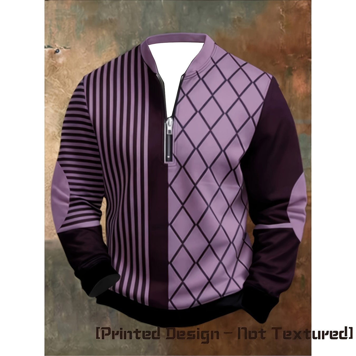 TEMU [print Design - Not Textured] Striped Print Men's Half-zip Sweatshirt, Color-block Pattern Statement Top, Retro Trendy Casual Item