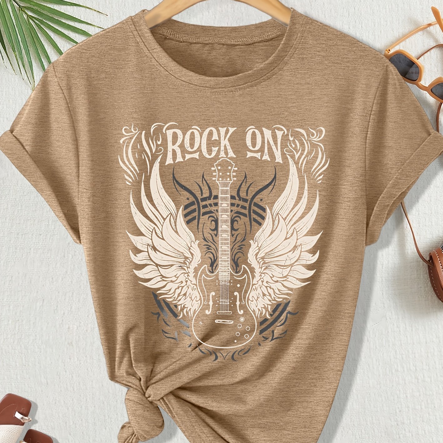 TEMU Spring/summer Women's Short-sleeve T-shirt With Rock Guitar Wings "" Graphic Print, Round Neck, Casual Loose Fit, Plus Size, Fashionable And