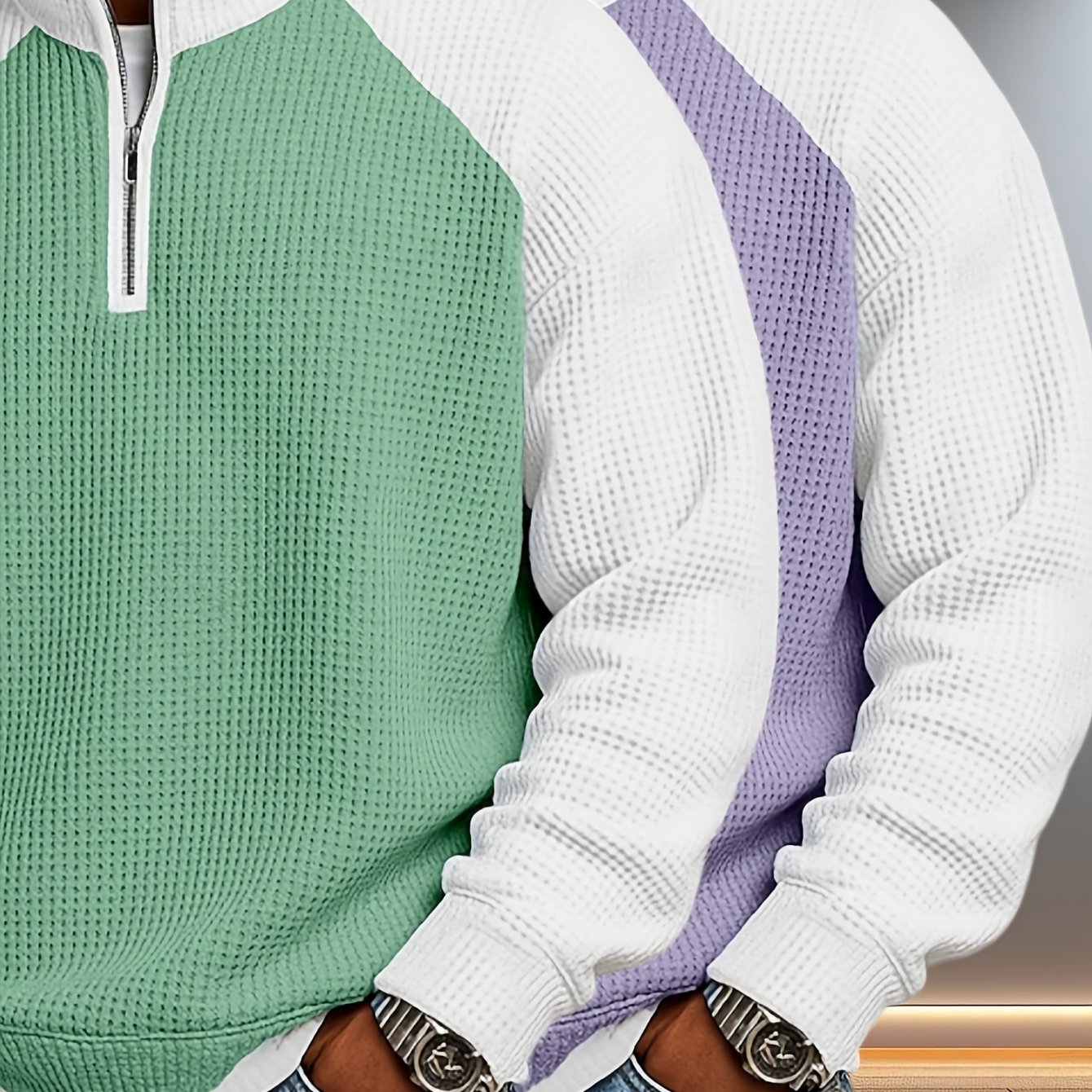 Image of 2pcs Men's Waffle Knit Sweatshirt, Quarter Zip Pullover, Color Block Hoodies, Vintage, Raglan Sleeve, Half Zip Stand Collar Sweatshirts, Loose Fit Casual Sweater, Spring Autumn Clothing