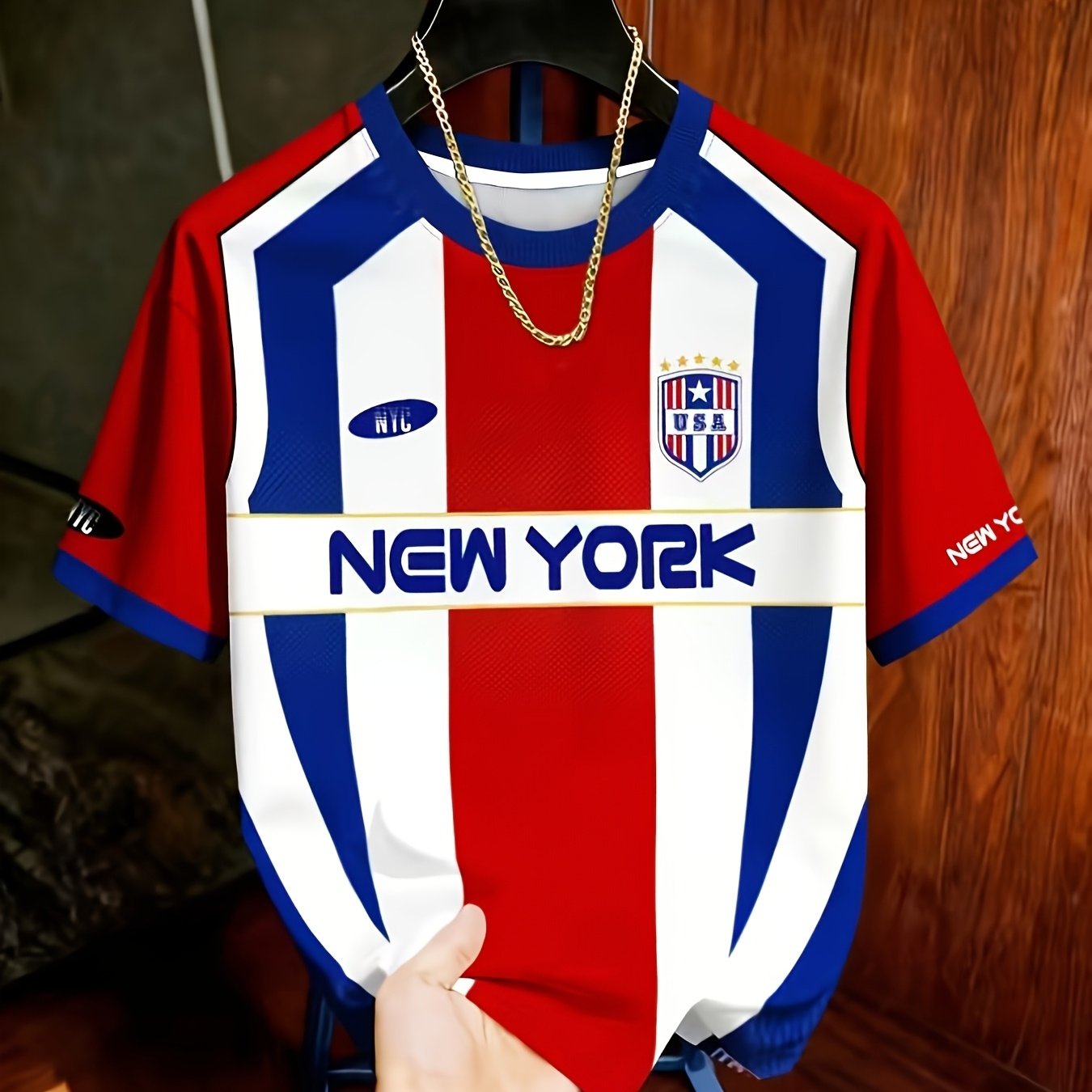 TEMU Men's Athletic Style Letter Print Short Sleeve T-shirt, Body Features Tricolor Vertical Stripes And Letter Patch Combination Design, With