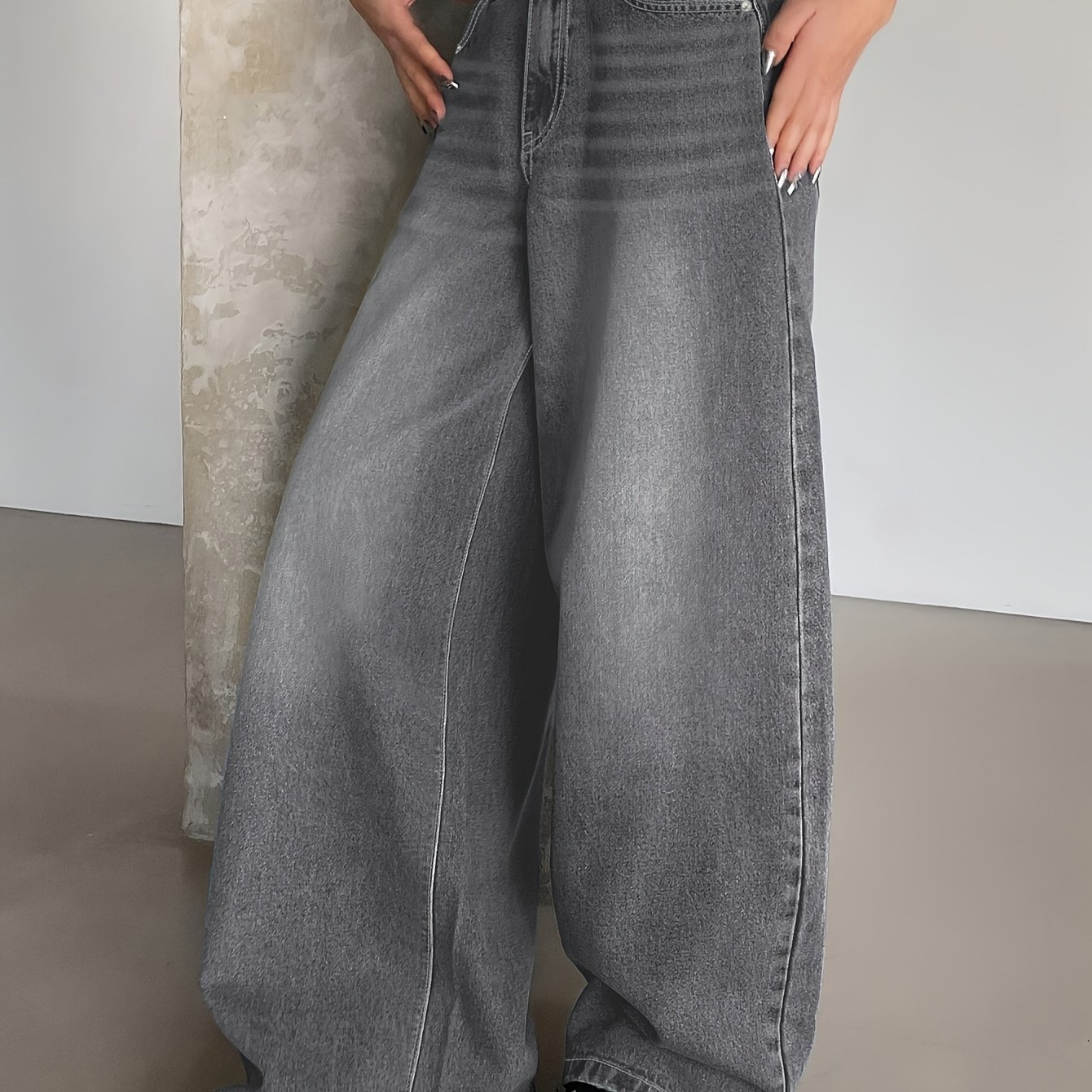 Image of 25aw Distressed Denim, Women' Washed Gray Super Long Mop-hem Wide-leg Jeans, Ripped Loose Casual Trendy Denim Pants For Fall
