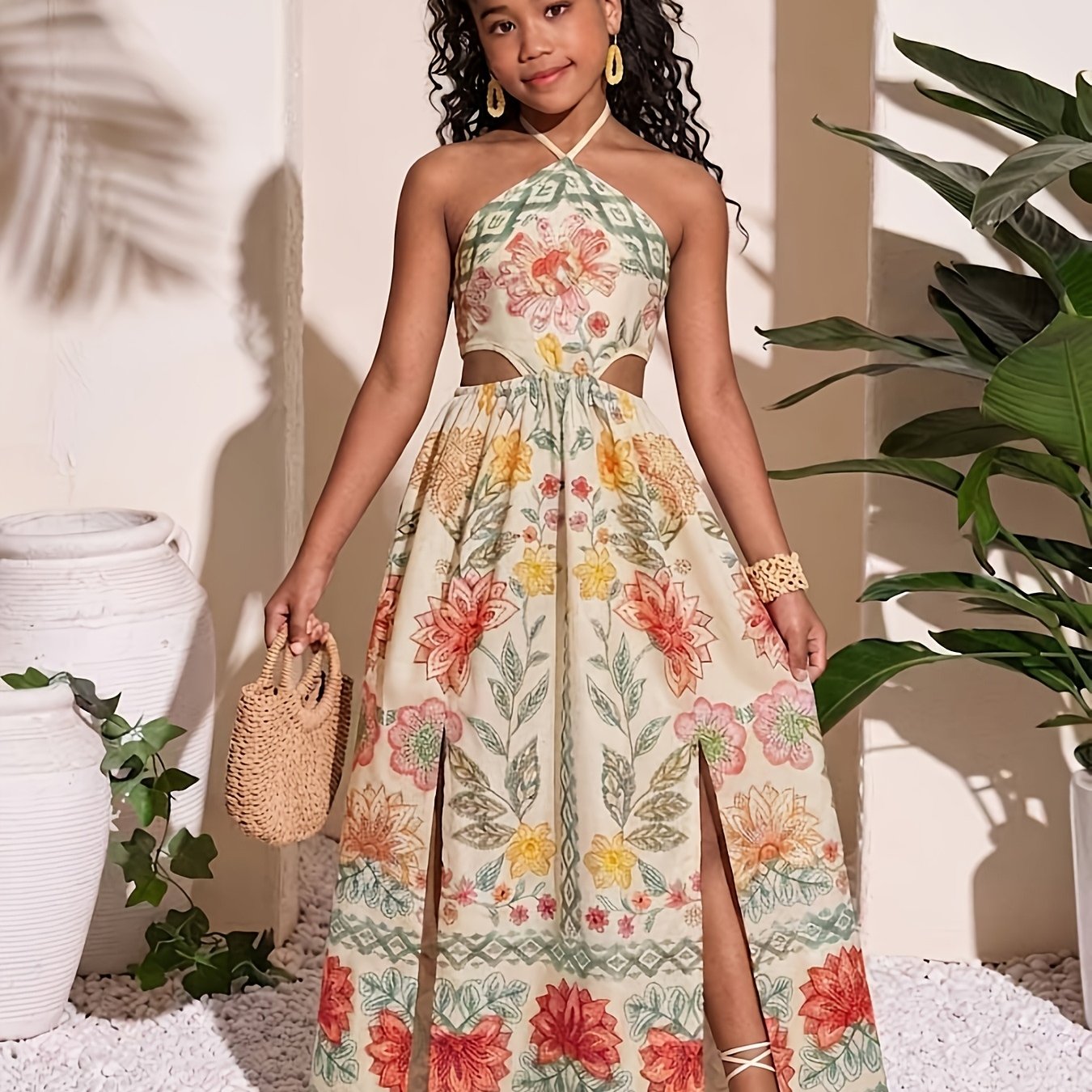 Image of Girls' Bohemian Floral Print Halter Neck Maxi Dress, Children's Summer Hollow-out Waist Slit Vacation Dress