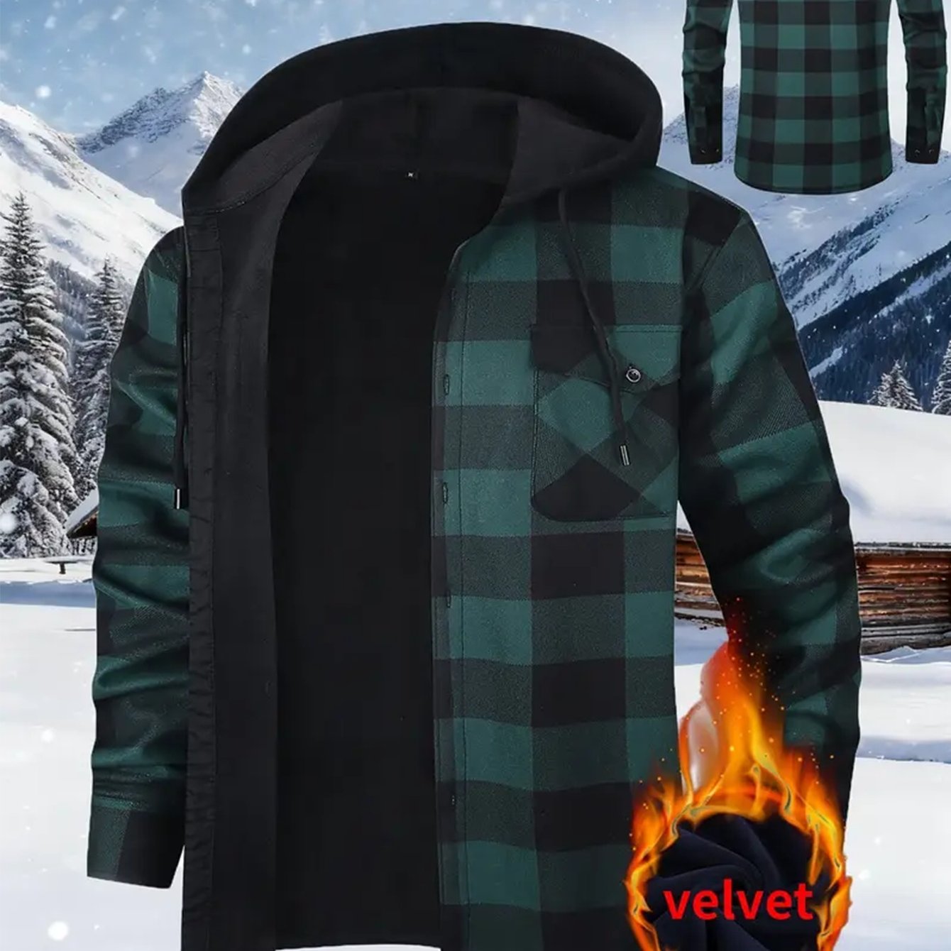 TEMU Pattern Men's Casual Thick Long Sleeve Hooded Shirt With Pockets, Men's Button Up Shirt For Fall Winter