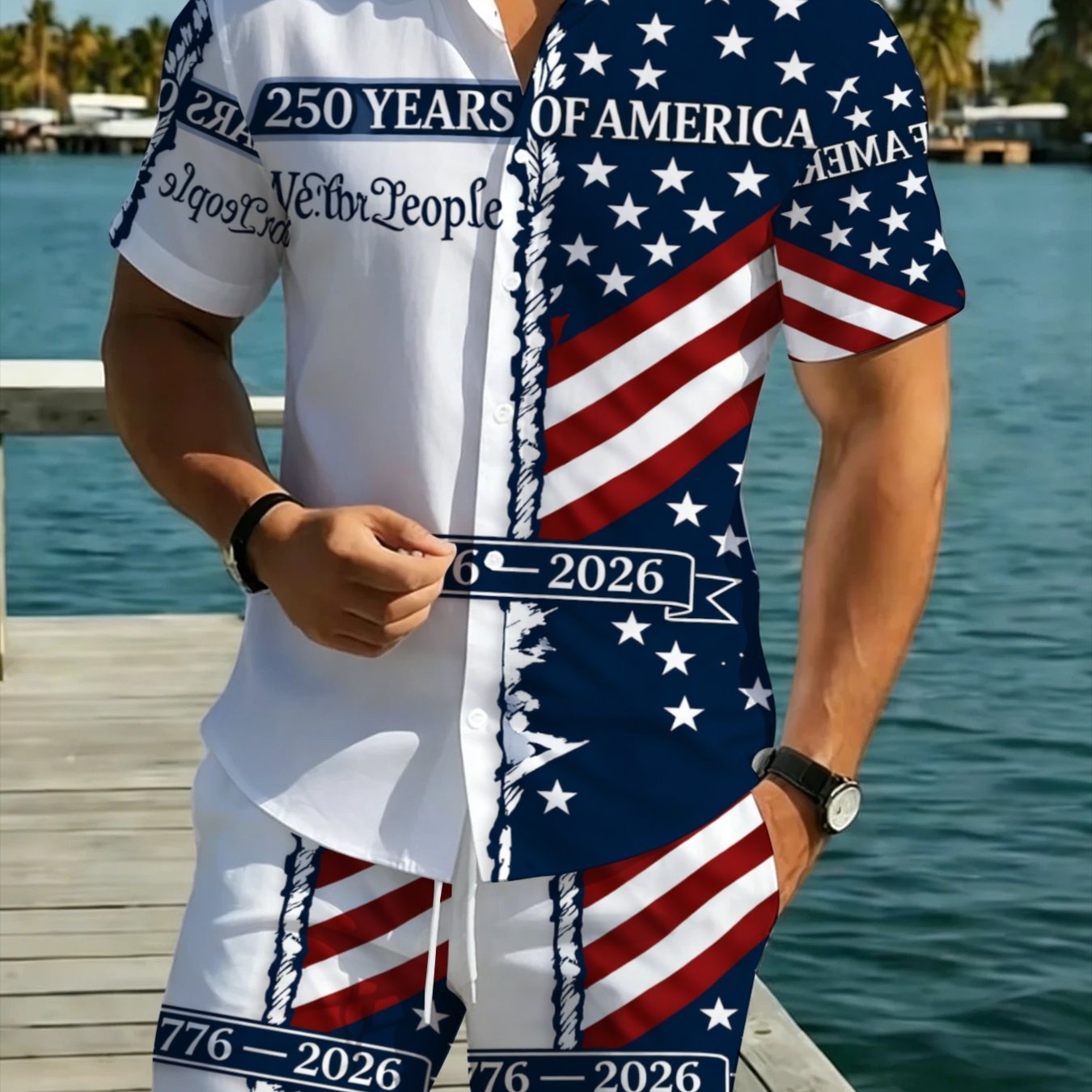 TEMU Print Design-not Textured]2026 Summer 's Plus Size Shirt Set American Men's Short Sleeve Shirt Set 250th Anniversary Edition Shorts 2pcs Set