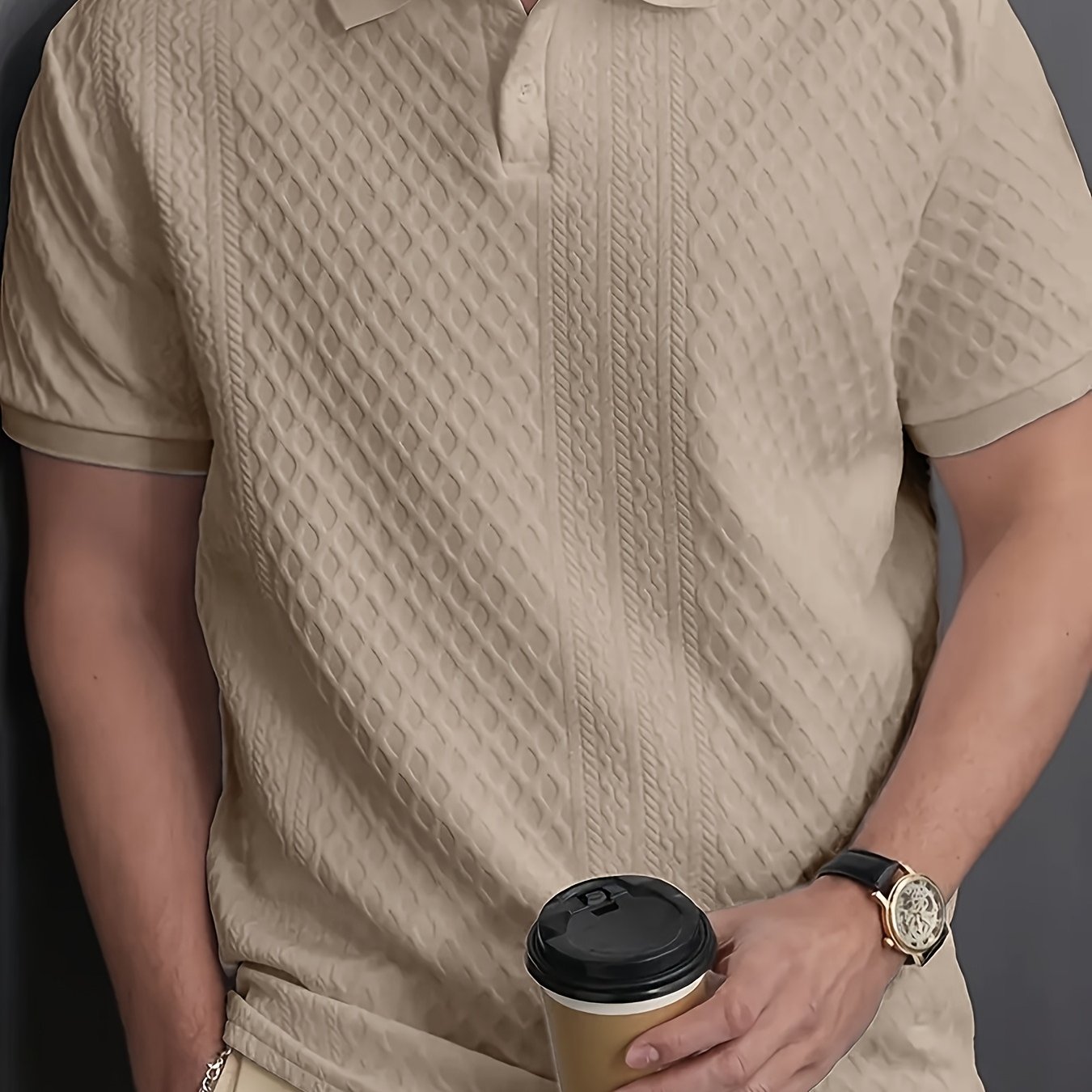 TEMU Men's Fashion Casual Business Shirt | Premium Solid Jacquard Collar T-shirt | Essential Golf Style | Breathable And Warm - Suitable For Indoor