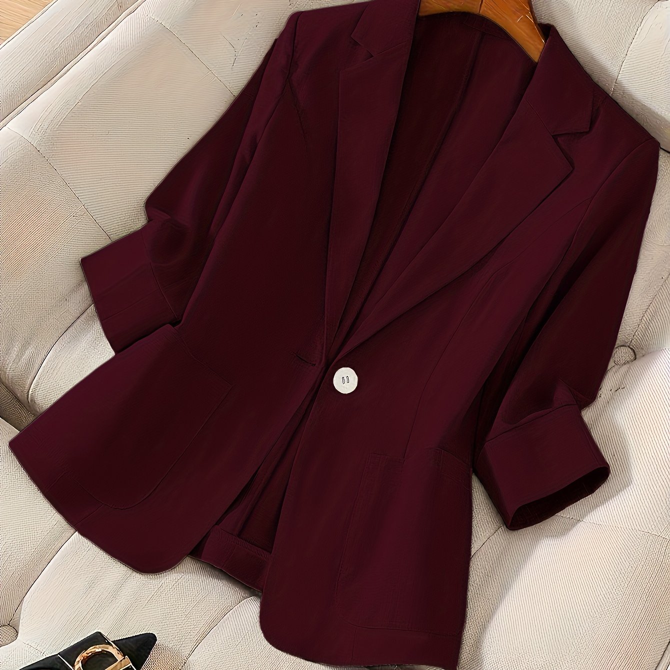 TEMU Women's Casual Blazer - Single Button, 3/4 Sleeve, Machine Washable, Spring Summer Elegant Style, Wear | Versatile Fashion | Shoulder Pads