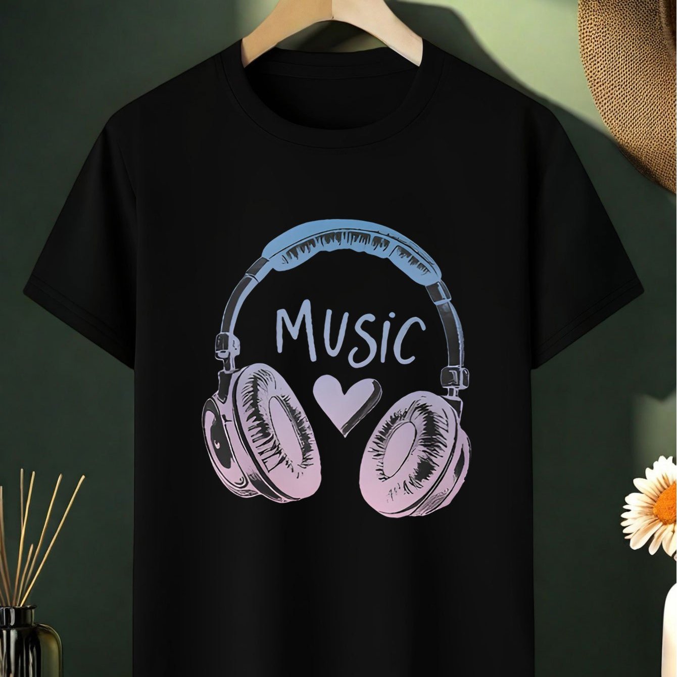 Music Theme Girls' Cotton T-shirt - Soft Cotton T-shirt With Music Headphones Print, Perfect For Summer Casual Wear, Adds Vitality And Fun, Comfortable Fabric, Girls' Casual Cotton T-shirt