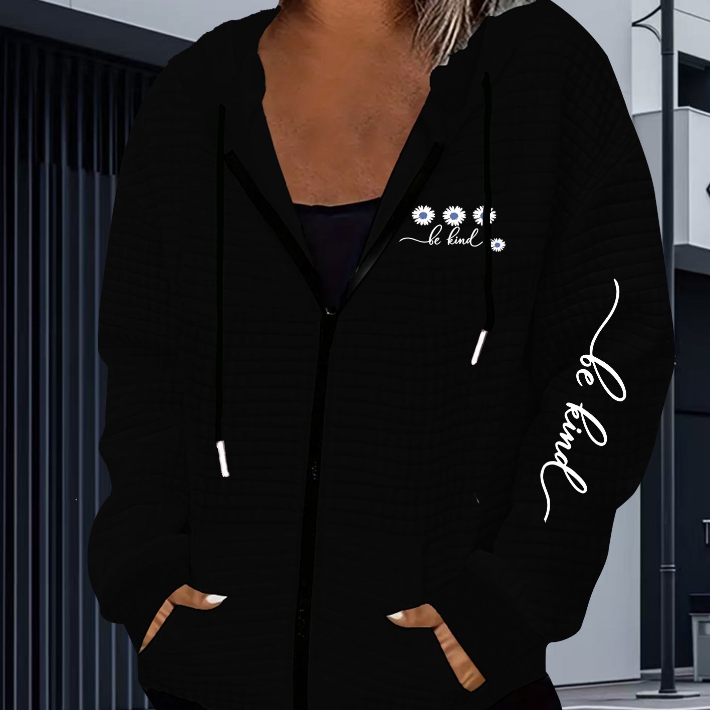 TEMU Floral Pattern Print, Women's Casual Waffle Zip-up Hooded Jacket With Drawstring - Fiber, Machine Washable