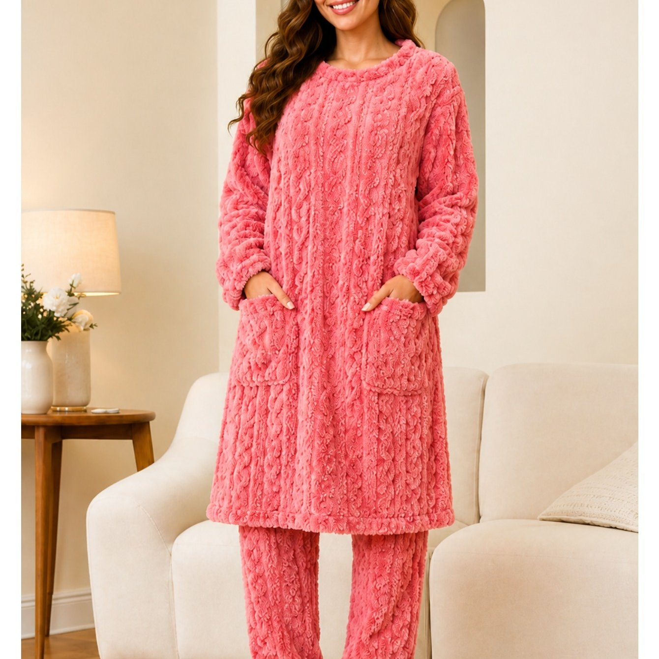 TEMU Women's 2pcs Coral Fleece Pajama Set, Warm Plush Robe And Long Pants, Loose Fit Loungewear For Home