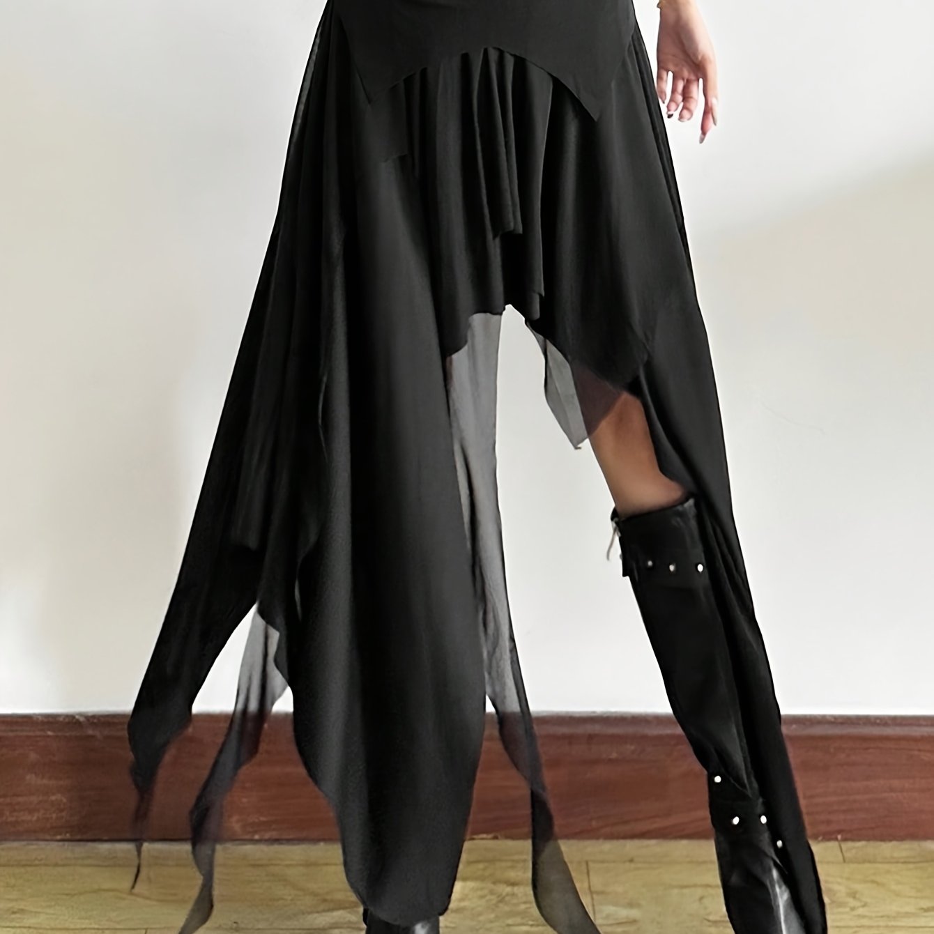 TEMU Spring/summer Women's Asymmetrical Hem Skirt, Black Dark Style, Suitable For Halloween Wear And Daily Outfits, No Accessories Included
